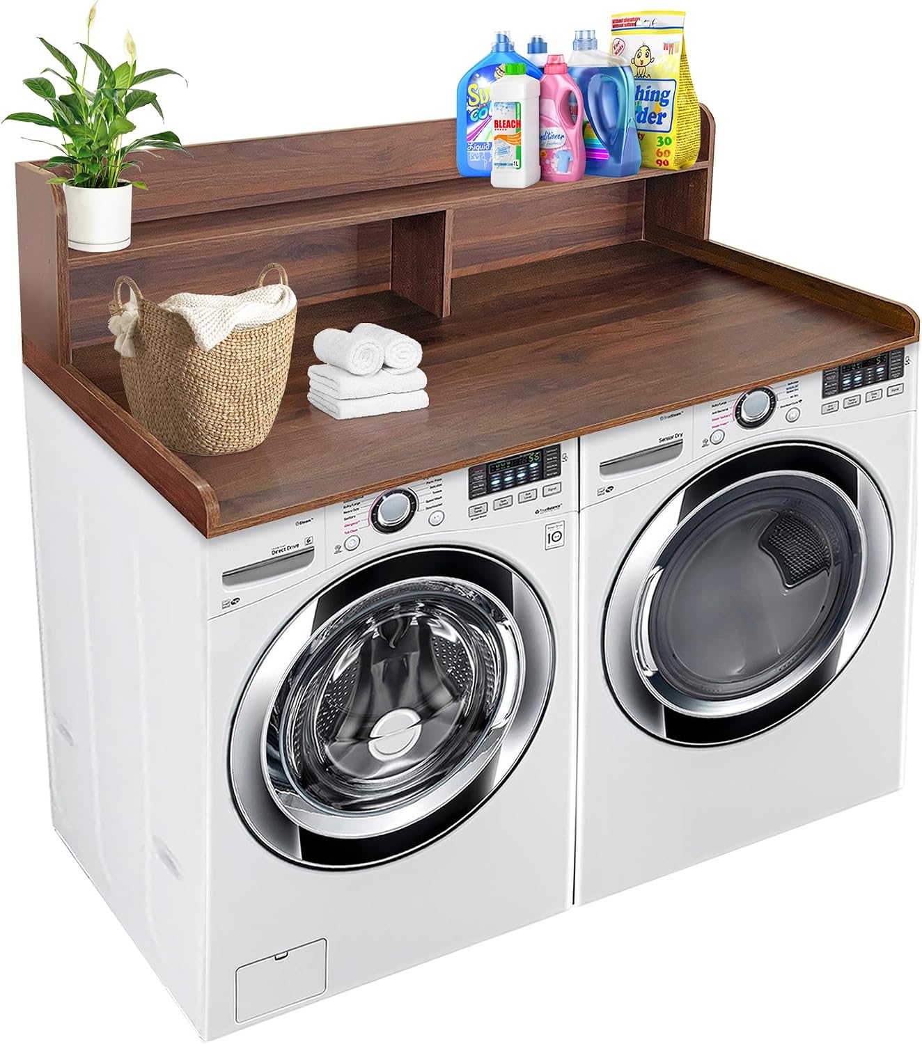 Royxen Laundry Countertop with Storage Universal Fit, Washer and Dryer Countertop with Shelf, Laundry Room Storage, 2-Tier Shelf (Walnut)