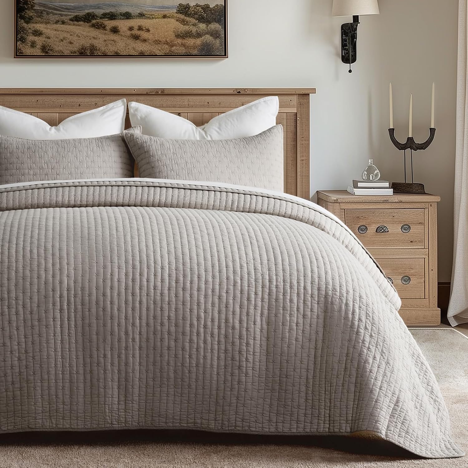 EVERGRACE Cross Stitch Pre-Washed Cotton Quilt Bedding Set King Size, Oversized 3 Pieces Lightweight Bedspread Coverlet for All Season, with 2 Matching Shams, Taupe,108'x96'