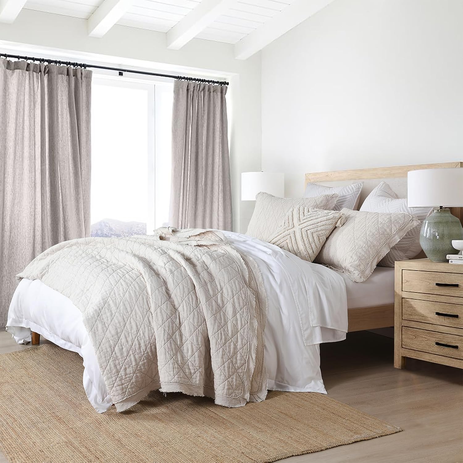 HORIMOTE HOME 100% Linen Front/100% Cotton Back Quilt Set King Size, Beige Pre-Washed European Flax Linen Quilt, Diamond Stitch Bedspread Coverlet Bedding Set 3-Piece for All Seasons