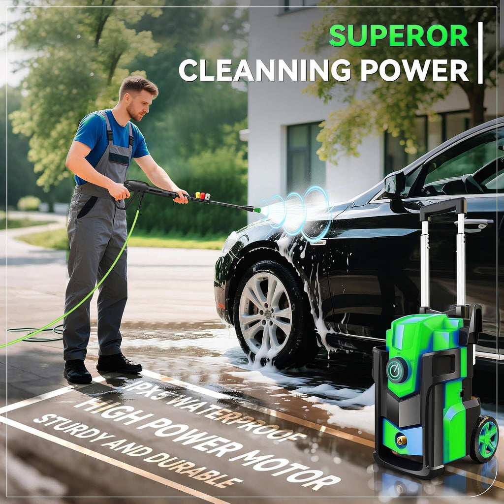 Electric Pressure Washer 5000PSI, Heavy Duty Power Washer Electric Powered, with 4 Nozzles,Foam Cannon,33FT Hose and 500ml Soap Bottle,Car Wash Machine/Car/Driveway/Patio Clean,Green