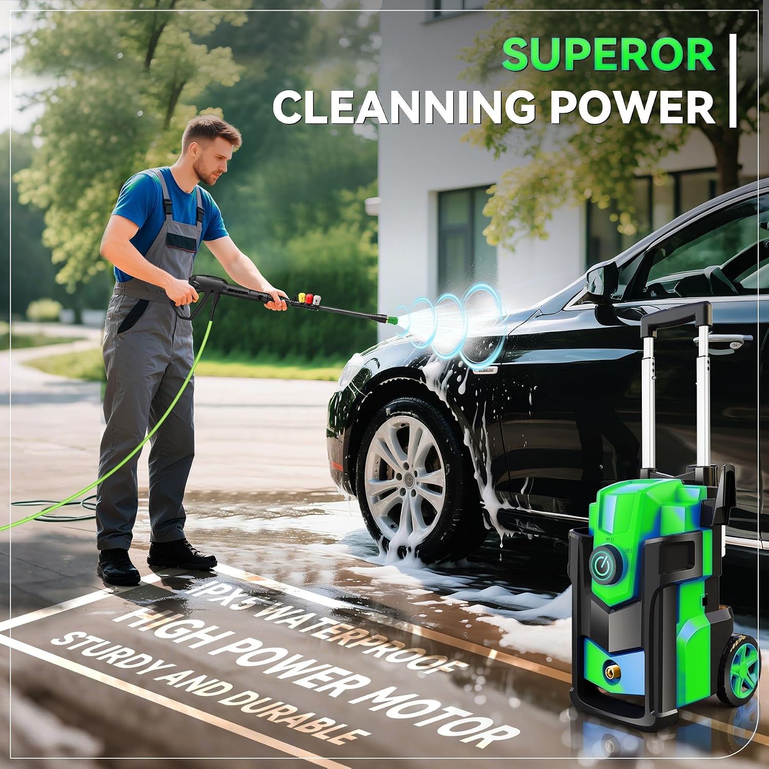 Electric Pressure Washer 5000PSI, Heavy Duty Power Washer Electric Powered, with 4 Nozzles,Foam Cannon,33FT Hose and 500ml Soap Bottle,Car Wash Machine/Car/Driveway/Patio Clean,Green