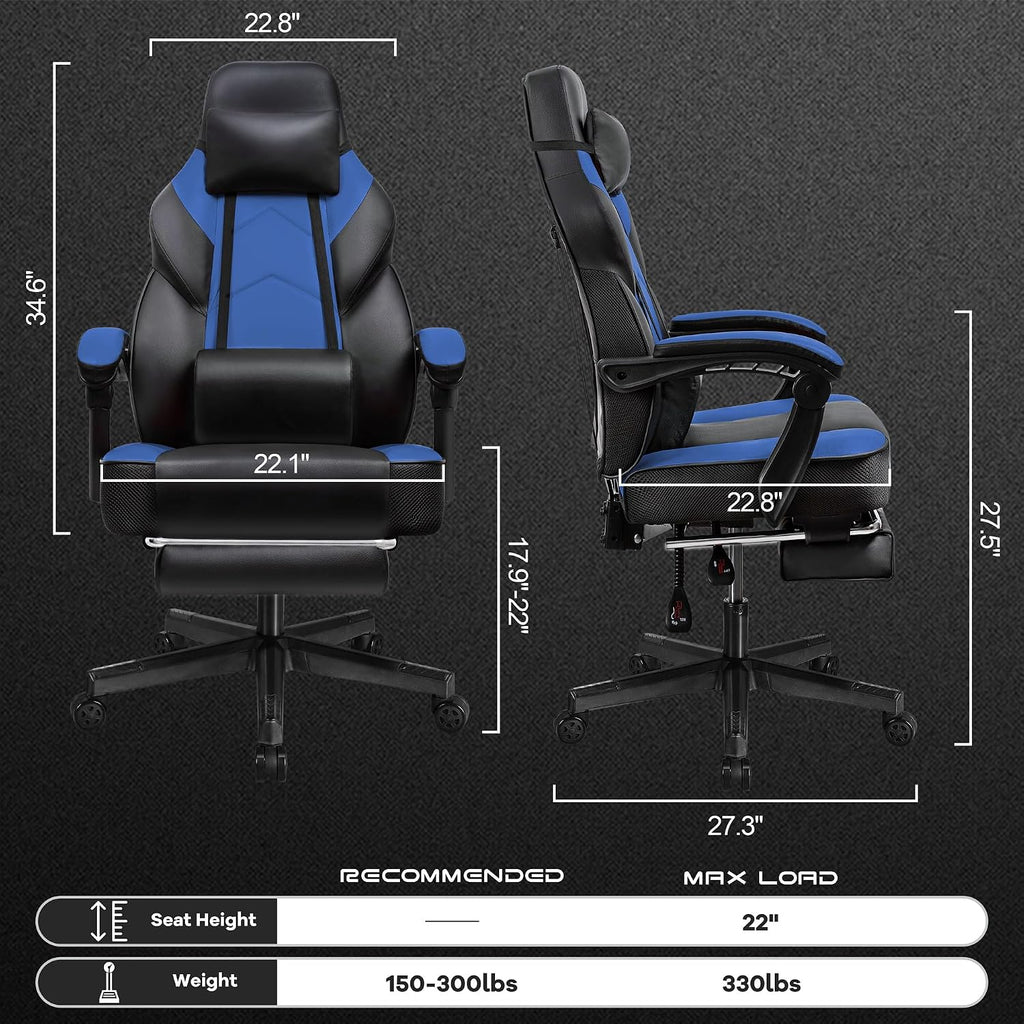 Gaming Chair with Footrest, Video Game Chair for Adults Ergonomic Big and Tall Computer Chair with Massage Lumbar, Height Adjustable, 360° Swivel Seat and Headrest (Blue)