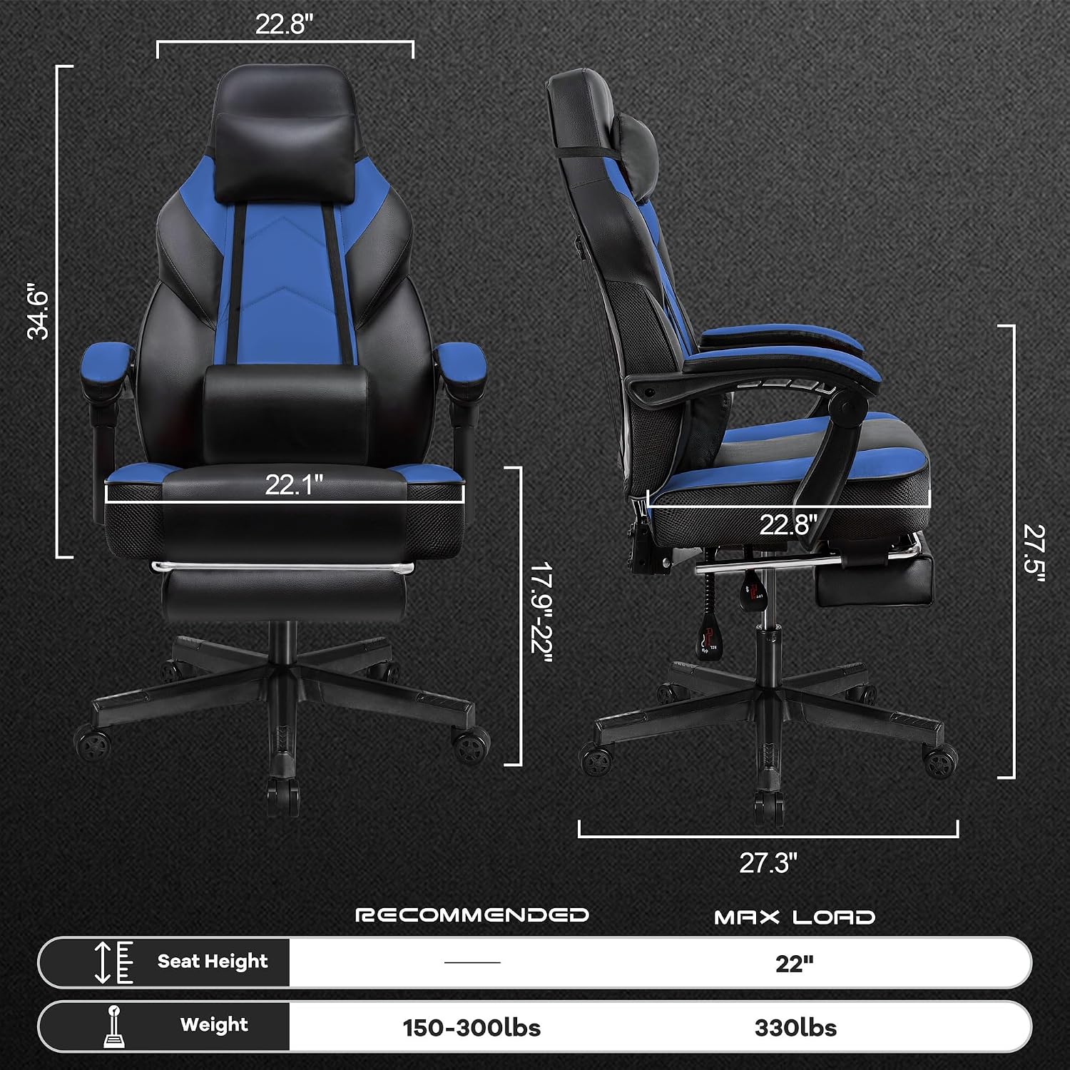 Gaming Chair with Footrest, Video Game Chair for Adults Ergonomic Big and Tall Computer Chair with Massage Lumbar, Height Adjustable, 360° Swivel Seat and Headrest (Blue)