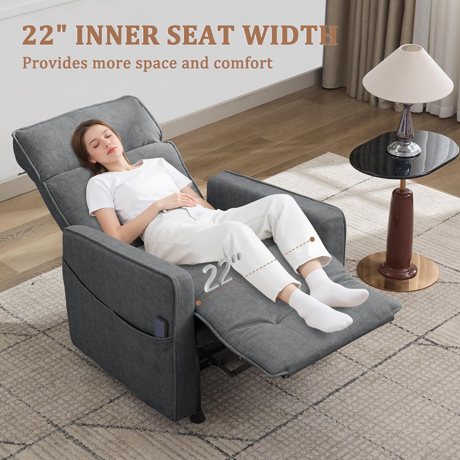 Korser Power Recliner Chair for Living Room, Electric Recliner Chairs for Adults, Comfy Recliners with Side Pockets & One-Touch Adjustment, Cashmere Reclining Chair for Reading, Bedroom, Lounge, Grey