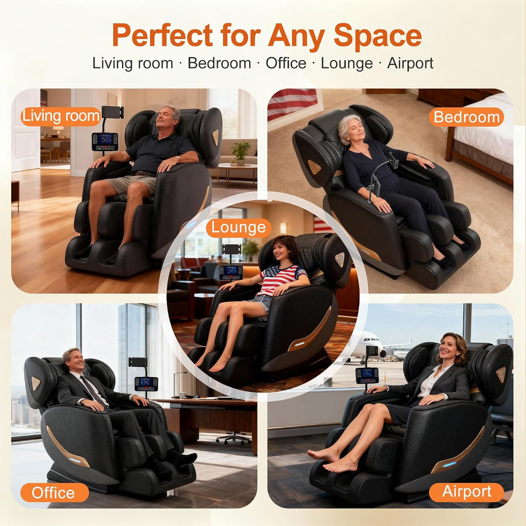 Massage Chair Full Body and Recliner, Zero Gravity Massage Chairs, 10 Fix Rollers, Airbags, Heating, Foot Massage, Auto Modes, Bluetooth Speaker and Touch Control Screen for Home and Office (Black)
