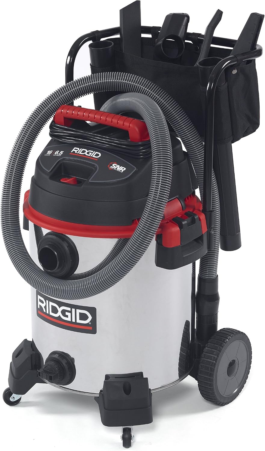 RIDGID 50353 1610RV Stainless Steel 16-Gal. Wet Dry Shop Vacuum with Cart, 6.5 Peak HP Motor, Large Wheels, Pro Hose, Drain, and Blower Port, Red