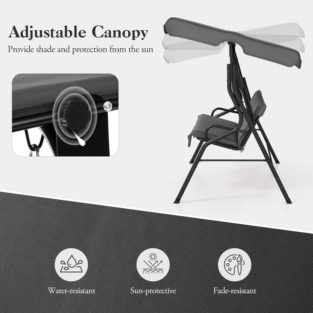 DREAMADE Porch Swing Outdoor, 3 Person Patio Swing w/Removable Cushion, Stand & Adjustable Canopy, Heavy Duty Swing Chair for Patio, Garden, Courtyard, Poolside