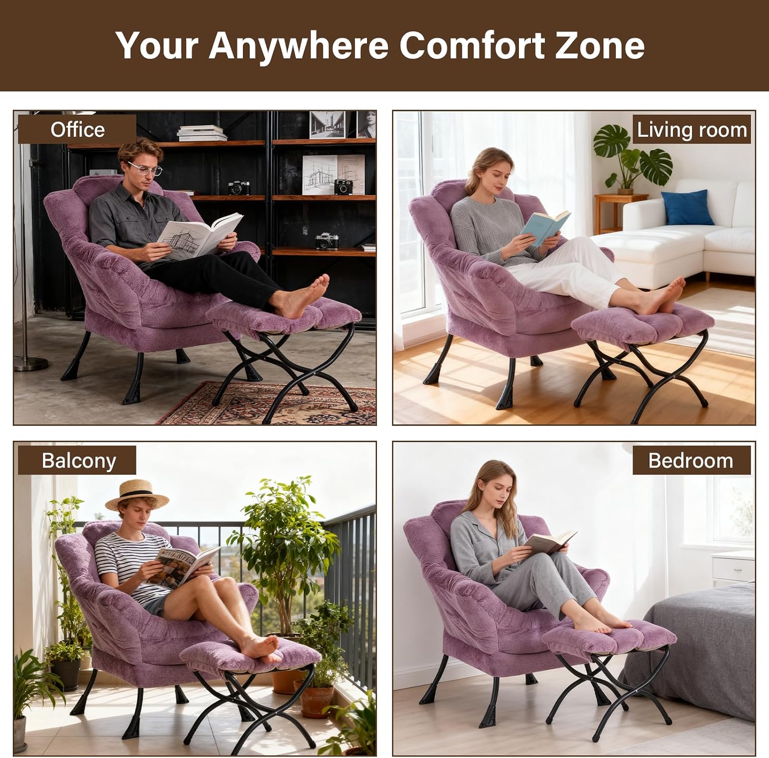Welnow Lazy Chair with Ottoman, Modern Accent Chair with Armrests and a Side Pocket, Leisure Sofa Armchair Set, Reading Armchair with Footrest for Small Space, Plush Purple