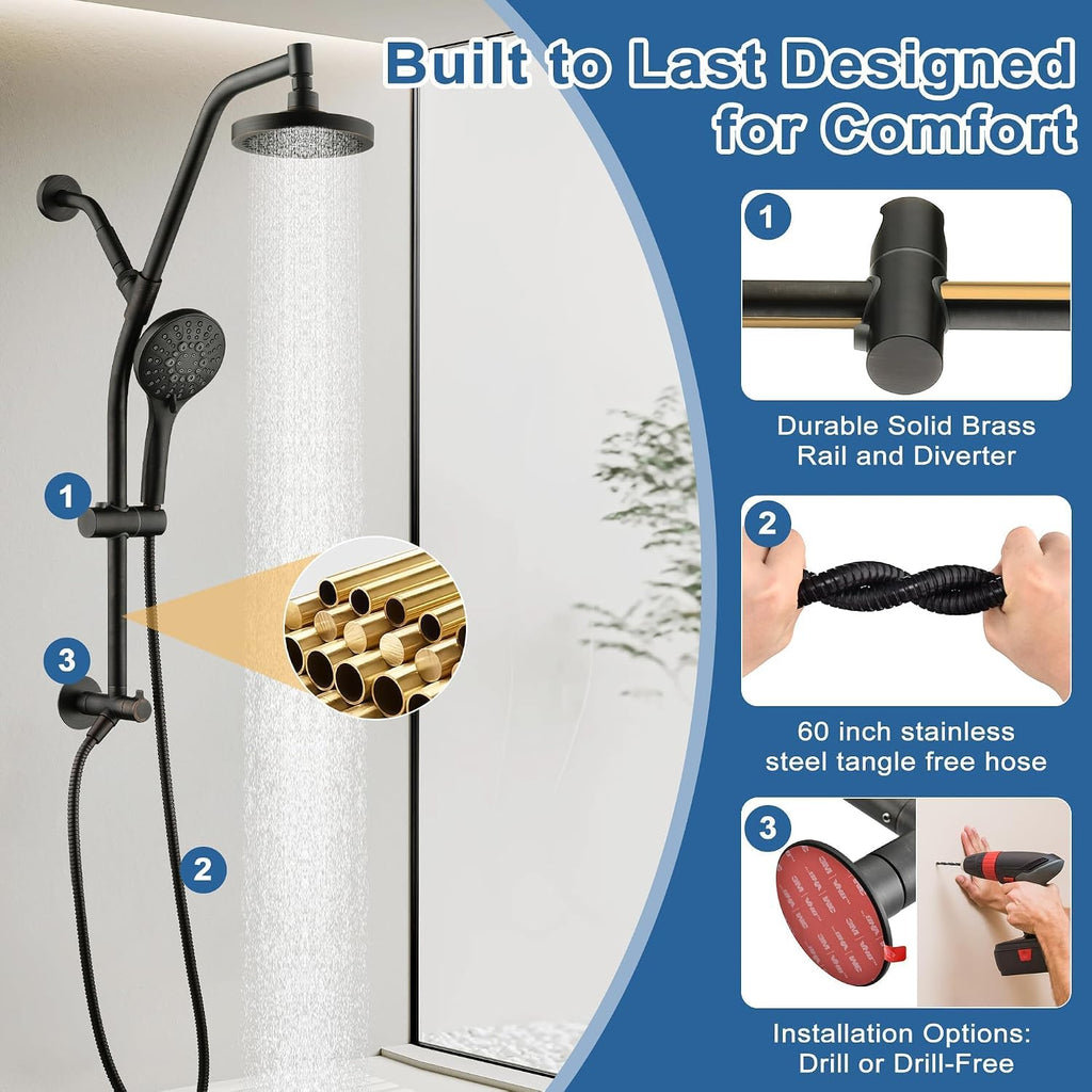 BRIGHT SHOWERS Rain Shower Head with Handheld Combo, Dual Shower System with Slide Bar, Adjustable Height, Brass Slide Bar & Diverter, 60 Inch Stainless Steel Hose, Oil Rubbed Bronze