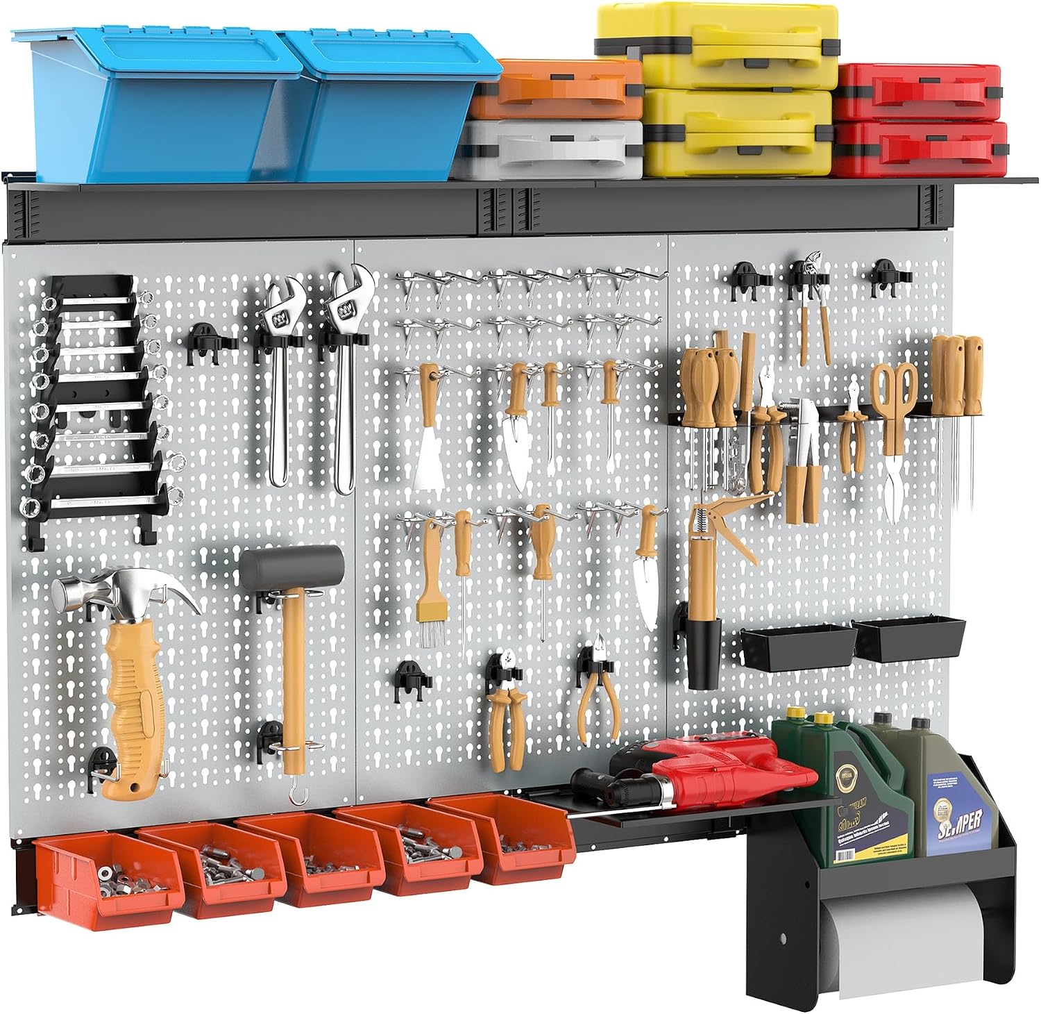 TORACK Pegboard Wall Organizer 4 ft. Garage Metal Pegboard Tool Organizer System, Tools Storage Peg Board Kit with Hooks and Accessories, Wall Mounted Storage Bins, Overhead Shelves