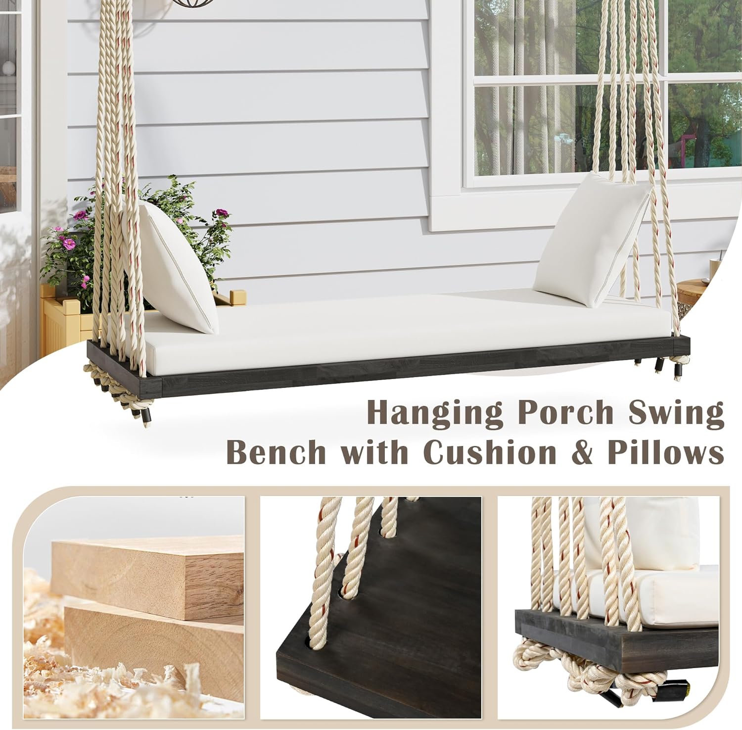 Merax Outdoor Patio Wooden Swing Chair, 2-Seat Hanging Porch Hammock Bench with Cushion & Pillows, 10.8Ft Hemp Ropes for Garden, Backyard, Lawn, Brown