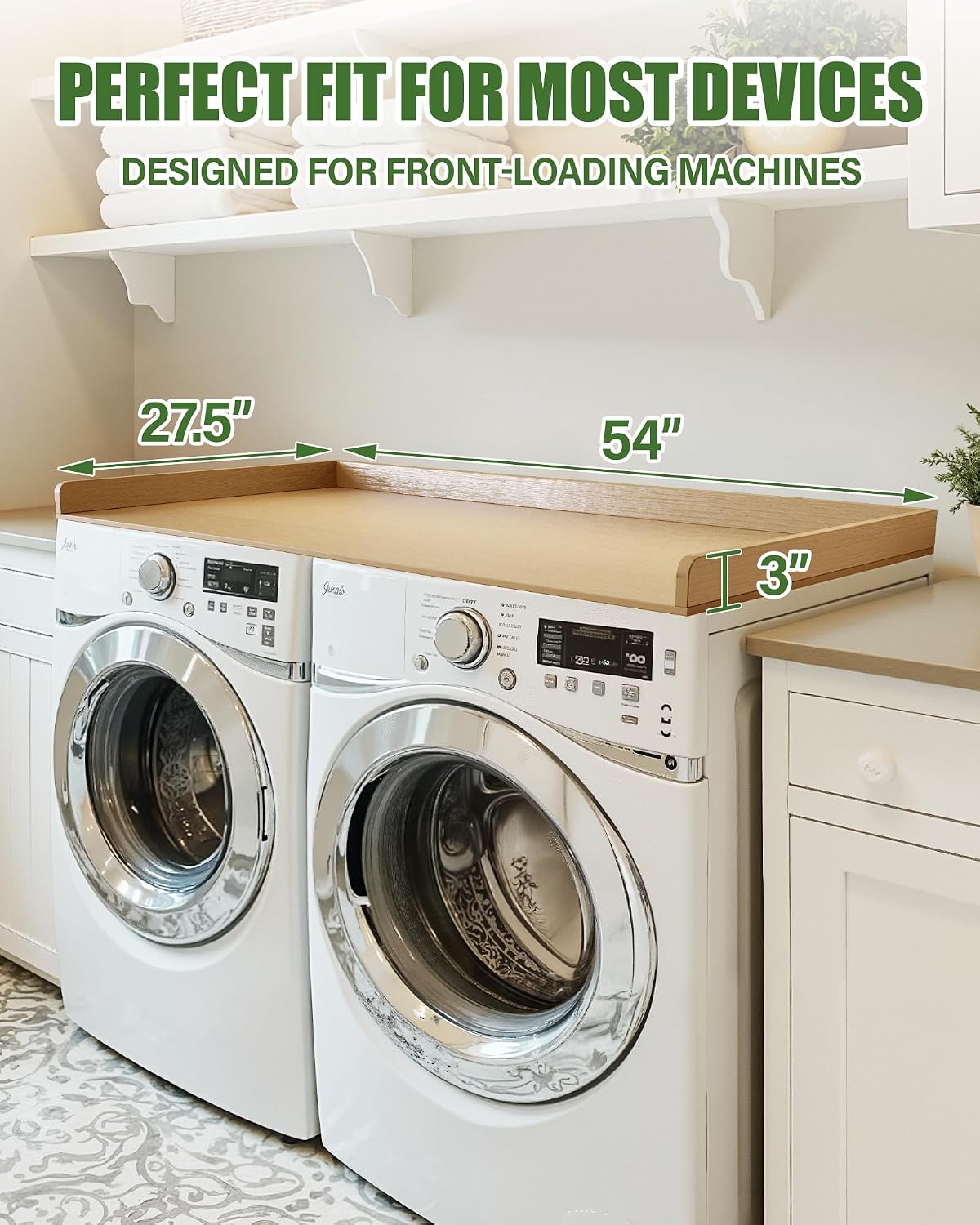 Washer Dryer Topper 54'x27.5' – Premium HD Polymer Laundry Countertop, Waterproof and Durable Washer Dryer Countertop with Raised Edges for Folding Clothes, Sorting Laundry, and Extra Storage
