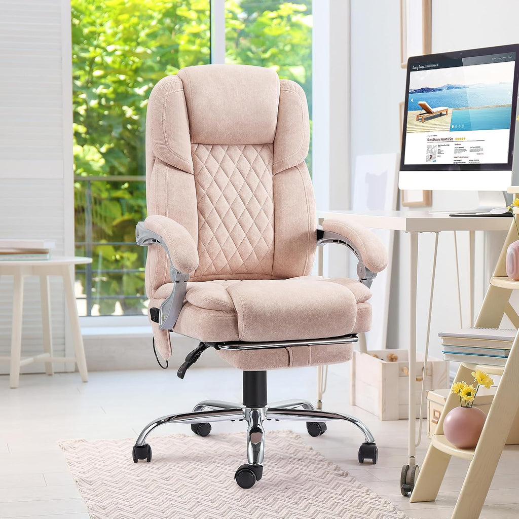 HOMREST 6-Point Massage Office Chair with Footrest, Heated Executive Office Chair with Reclining Backrest, Velvet Ergonomic Computer Desk Chair with Padded Armrest,Pink