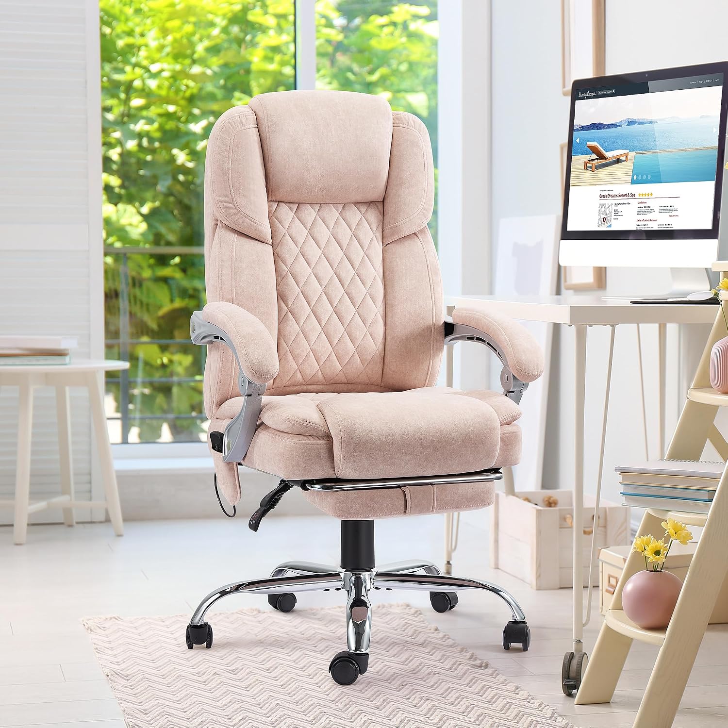 HOMREST 6-Point Massage Office Chair with Footrest, Heated Executive Office Chair with Reclining Backrest, Velvet Ergonomic Computer Desk Chair with Padded Armrest,Pink