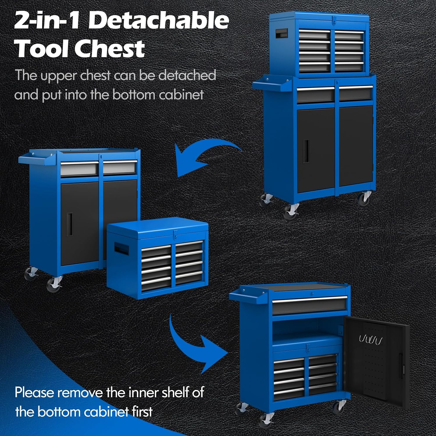 IRONMAX 5-Drawer Rolling Tool Chest, 2-in-1 Detachable Heavy Duty Tool Box Storage Cabinet with Auto Lock, Adjustable Shelf & Hooks, Metal Toolbox on Wheels for Garage Workshop (Blue)