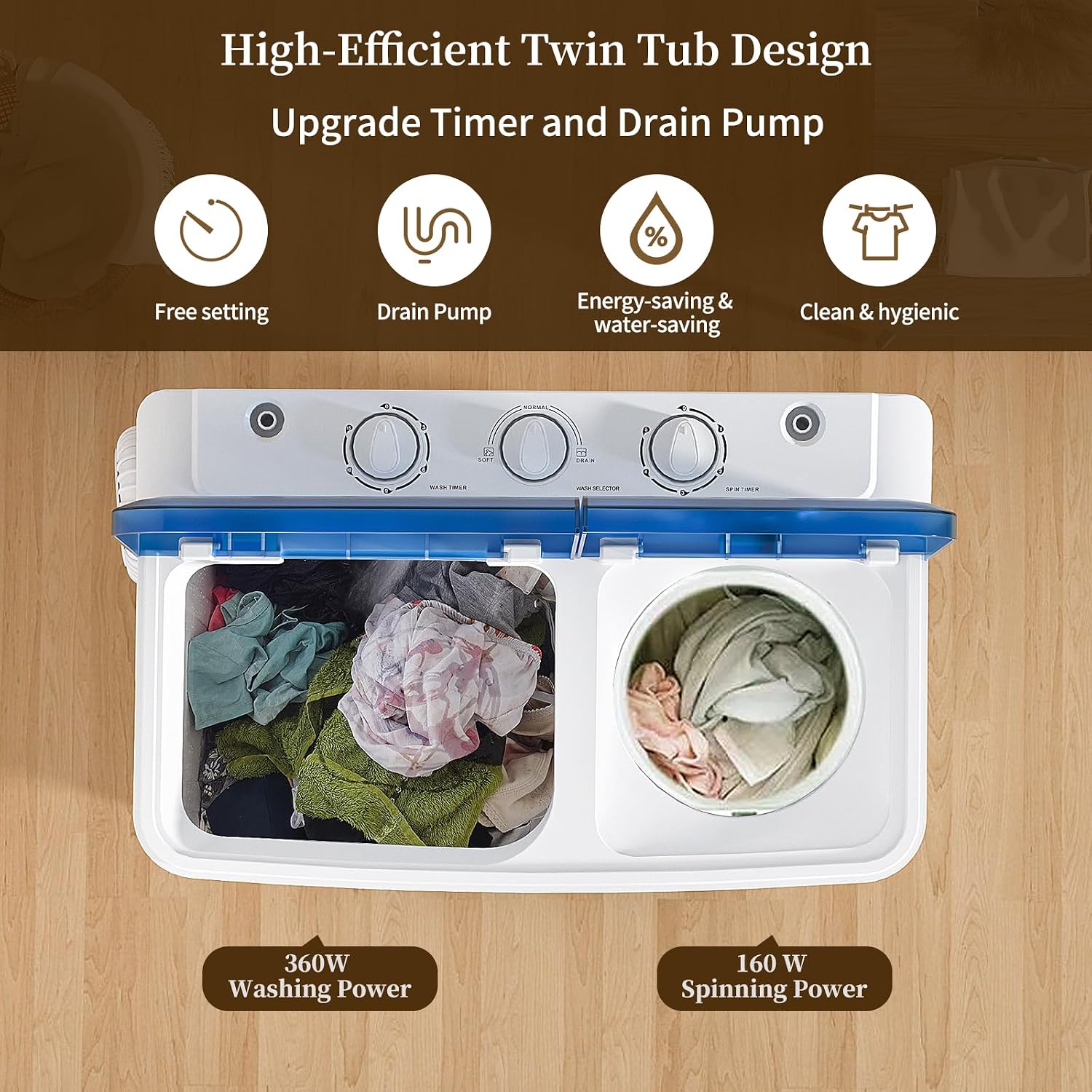 VCJ Portable Washing Machine, Twin Tub Washing Machine Laundry Compact Washer spinner Combo with 20lbs capacity, 12Lbs Washer and 8Lbs Spinner dryer for Apartments RVs and Dorms