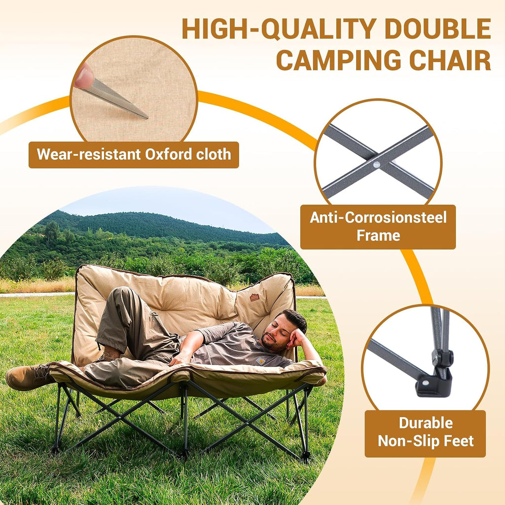 KingCamp Double Camping Chair, Oversized Padded Butterfly Chair Couch Portable Folding Loveseat 600lbs Heavy Duty Comfy Dorm Double Seat with High Back for Outdoor Indoor Patio Home Living Bed Room