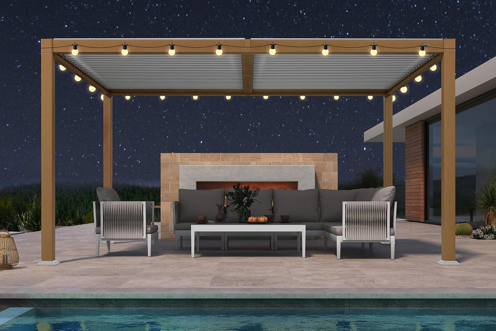 PURPLE LEAF Louvered Pergola 10' x 14' Outdoor Aluminum Wood Grain Pergola with 24 Clear LED Lights Adjustable Roof Retractable Patio Rainproof Hardtop Gazebo for Deck Backyard Garden
