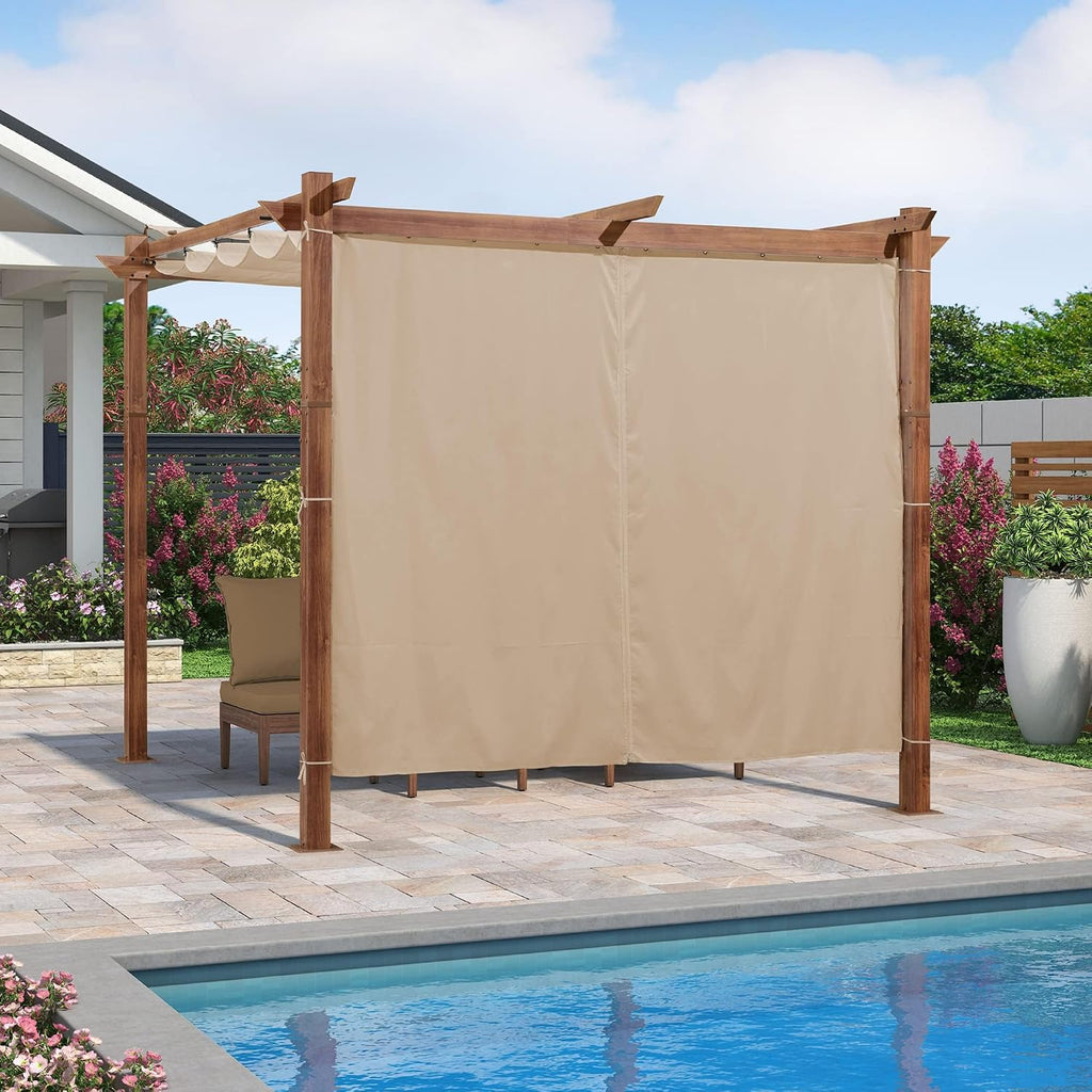 PURPLE LEAF 10' x 10' Outdoor Retractable Pergola Patio Metal Shelter for Garden Porch Beach Pavilion Natural Wood Grain Frame Gazebo Modern Yard Grill Pergola with Shade Canopy Curtains Khaki