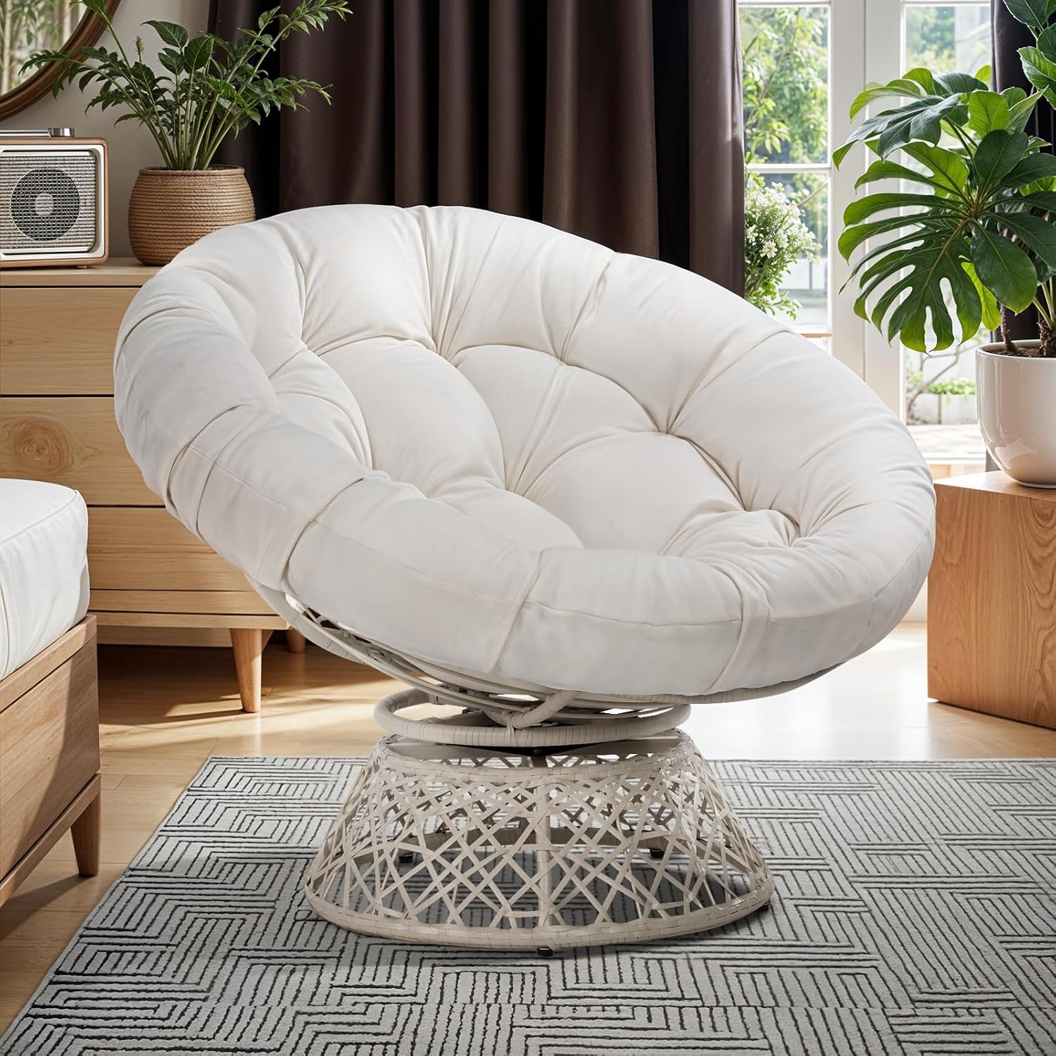 Bme 40' Ergonomic Wicker Papasan Chair with Soft Thick Density Fabric Cushion, High Capacity Steel Frame, 360 Degree Swivel for Living, Bedroom, Reading Room, Lounge