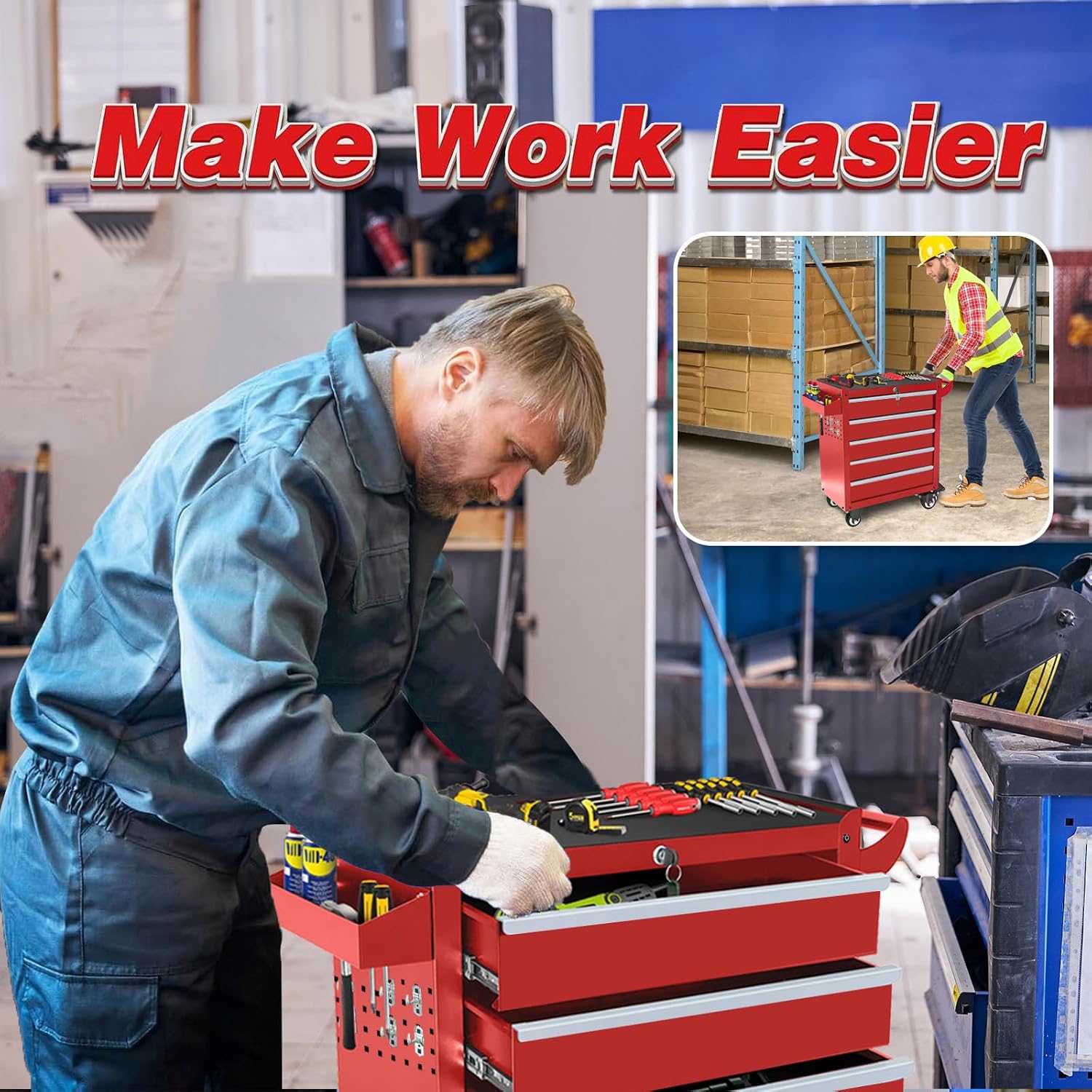 Rolling Tool Chest with Wheels, 5 Drawers Tool Storage Cabinet, Portable Metal Tool Box Organizer with Lock, Tool Cart on Wheels Toolbox Workbench for Garage, Workshop, Warehouse(Required Assembly)