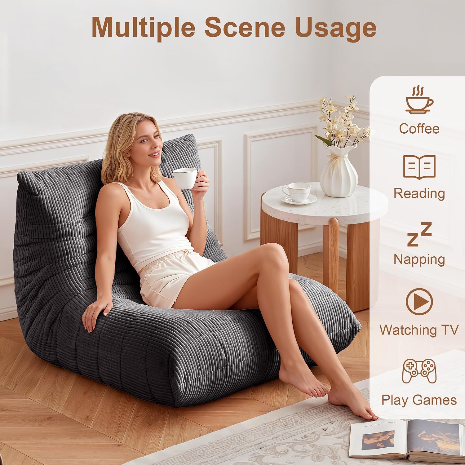 Bean Bag Chair for Adults, Giant Bean Bag Chairs with Lumbar Pillow, Oversized Corduroy Memory Foam Boneless Chair with High-Rebound, Lazy Floor Sofa for Reading Gaming Living Room Bedroom, Grey