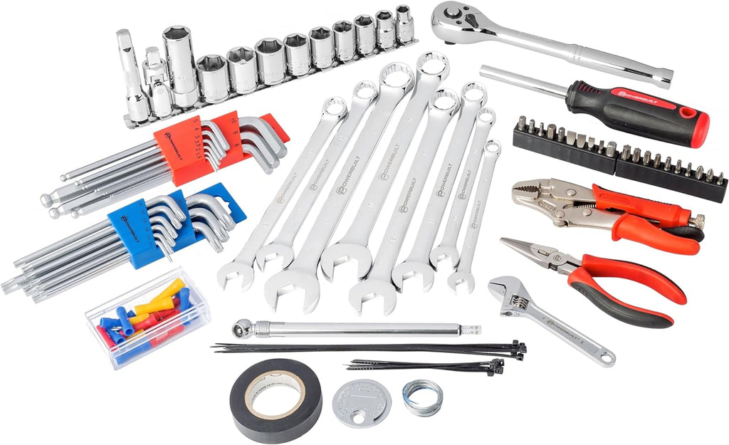 Powerbuilt 100 Piece Motorcycle Tool Kit with Roll Pouch, Roadside, Travel Wrenches, Ratchet, Sockets - 643028ECE