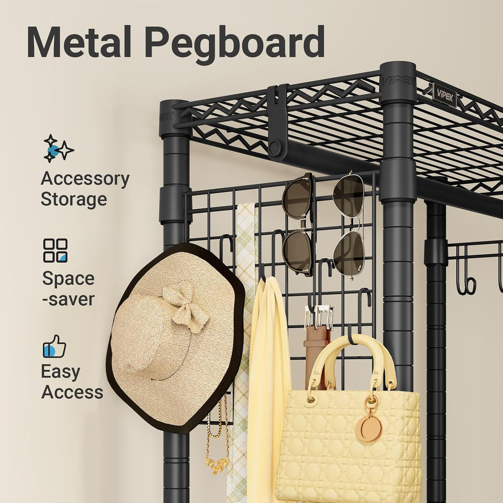 VIPEK R1 Rolling Clothes Rack with Pegboard Organizer Portable Closet for Hanging Clothes with Lockable Wheels & Removable Basket, Compact Clothing Rack for Small Spaces Apartments/Bedroom, Black