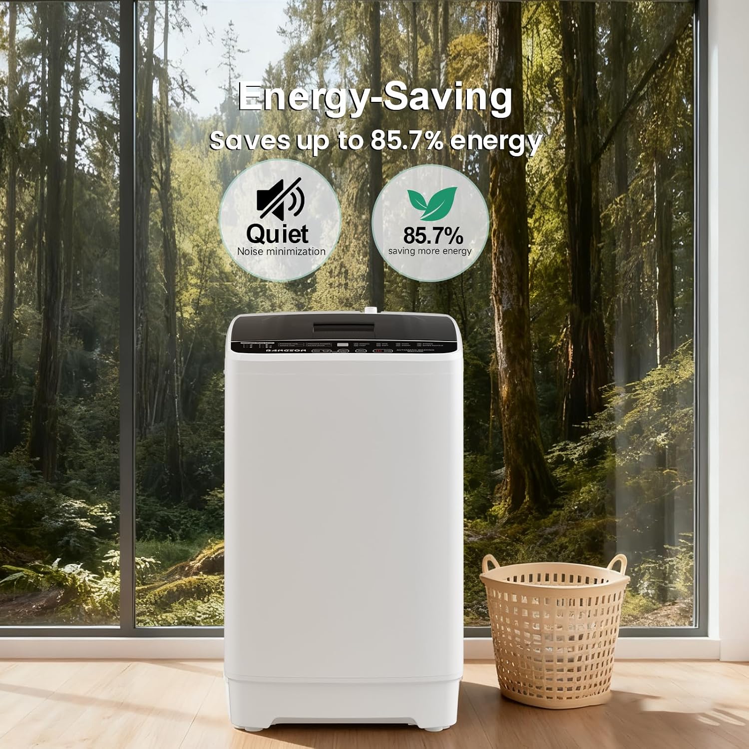 BANGSON 1.08cu.ft Portable Washing Machine, Full-Automatic washing Machine with 8 Programs 6 Water Levels, Drain Pump and LED Display, Compact Washer for Apartments, RVs, Homes, White
