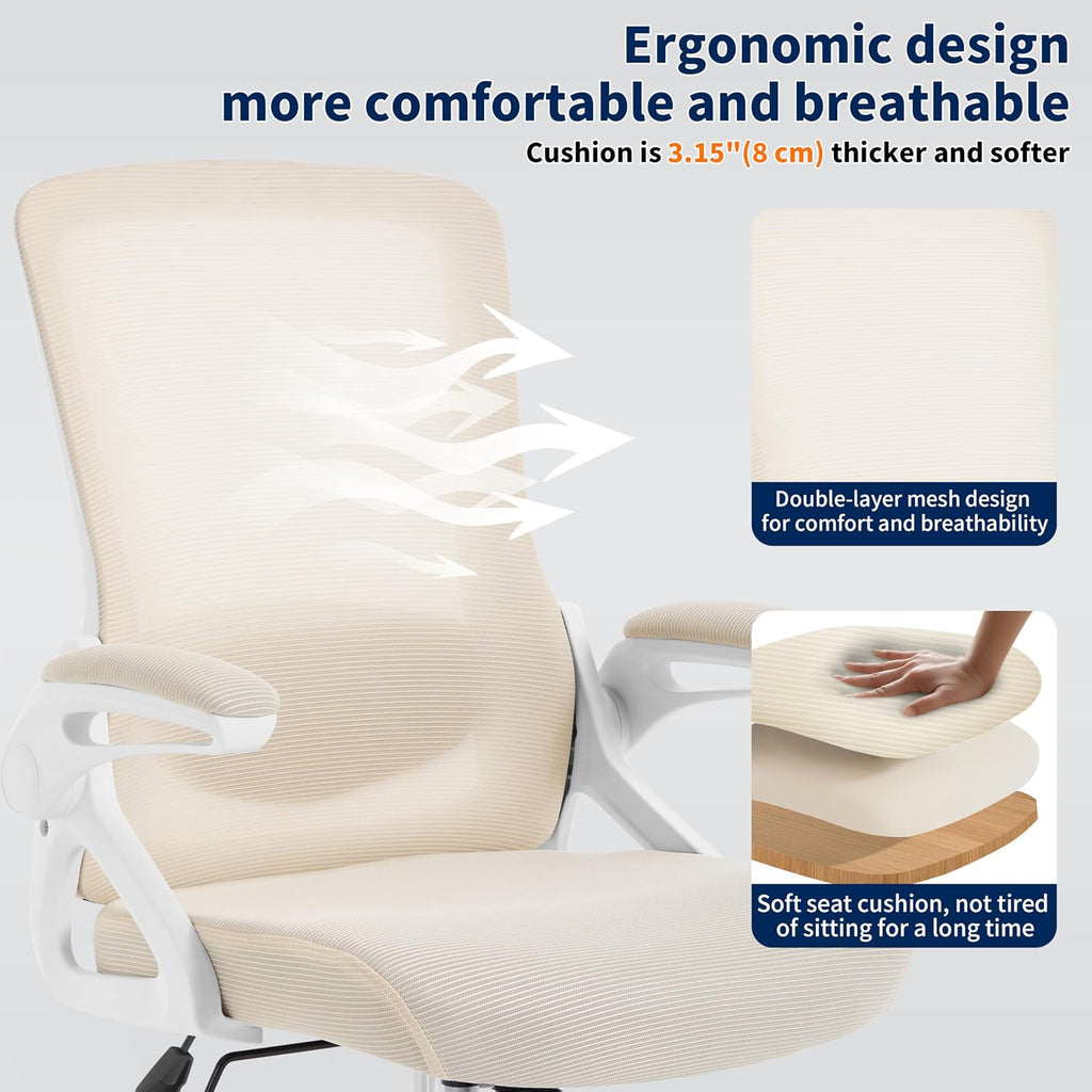 Ergonomic Office Chair, Desk Chair with Adjustable Lumbar Support, Breathable Mesh Comfy Computer Chairs with Flip-up Armrests Executive Task Chair for Adults Home Office (Buff Beige)