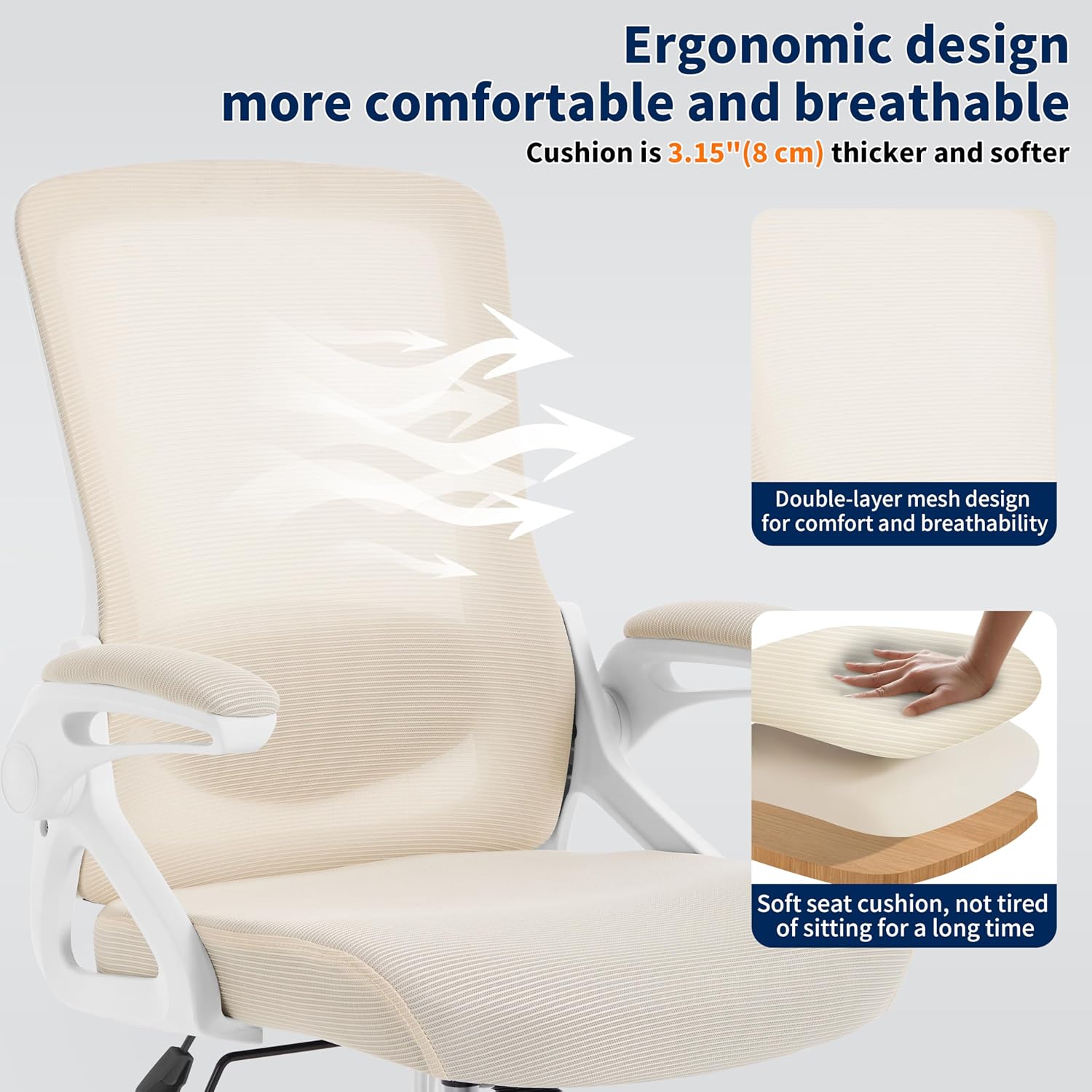 Ergonomic Office Chair, Desk Chair with Adjustable Lumbar Support, Breathable Mesh Comfy Computer Chairs with Flip-up Armrests Executive Task Chair for Adults Home Office (Buff Beige)