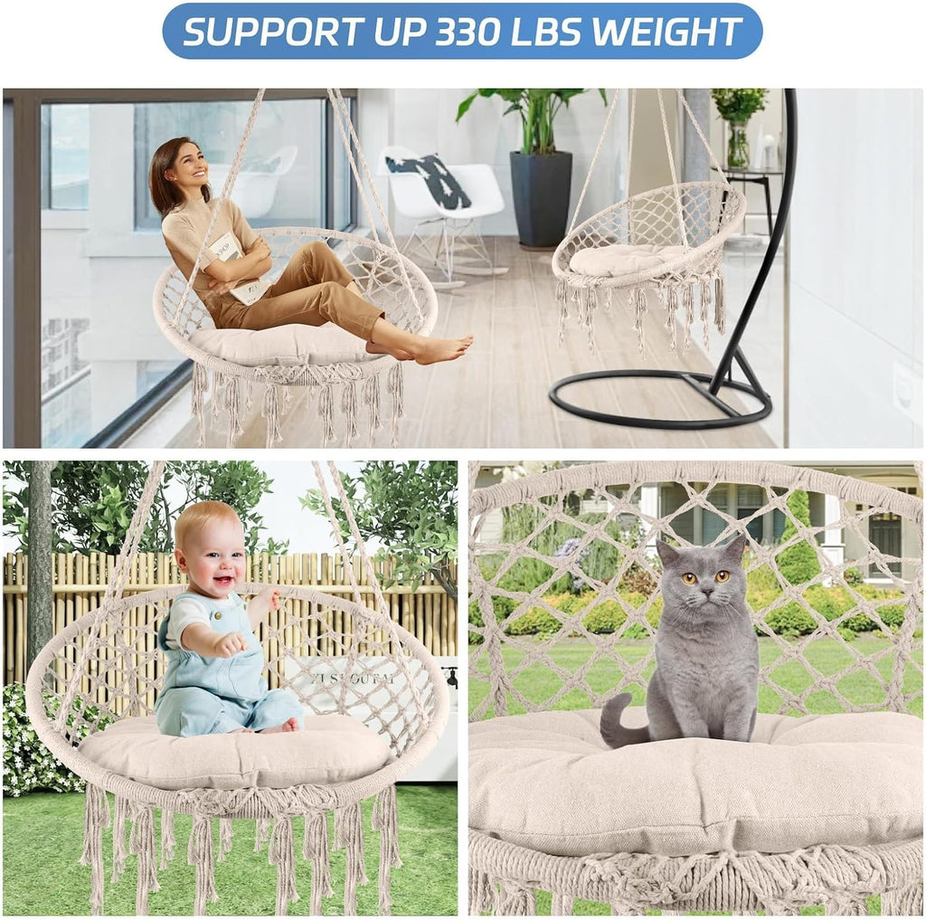 Hammock Chair, 330Lbs Swing Chair for Bedroom, Swing Chair with Comfy Cushion, Hanging Chair, for Bedroom, Porch, Adults, Balcony (Beige 3PCS)