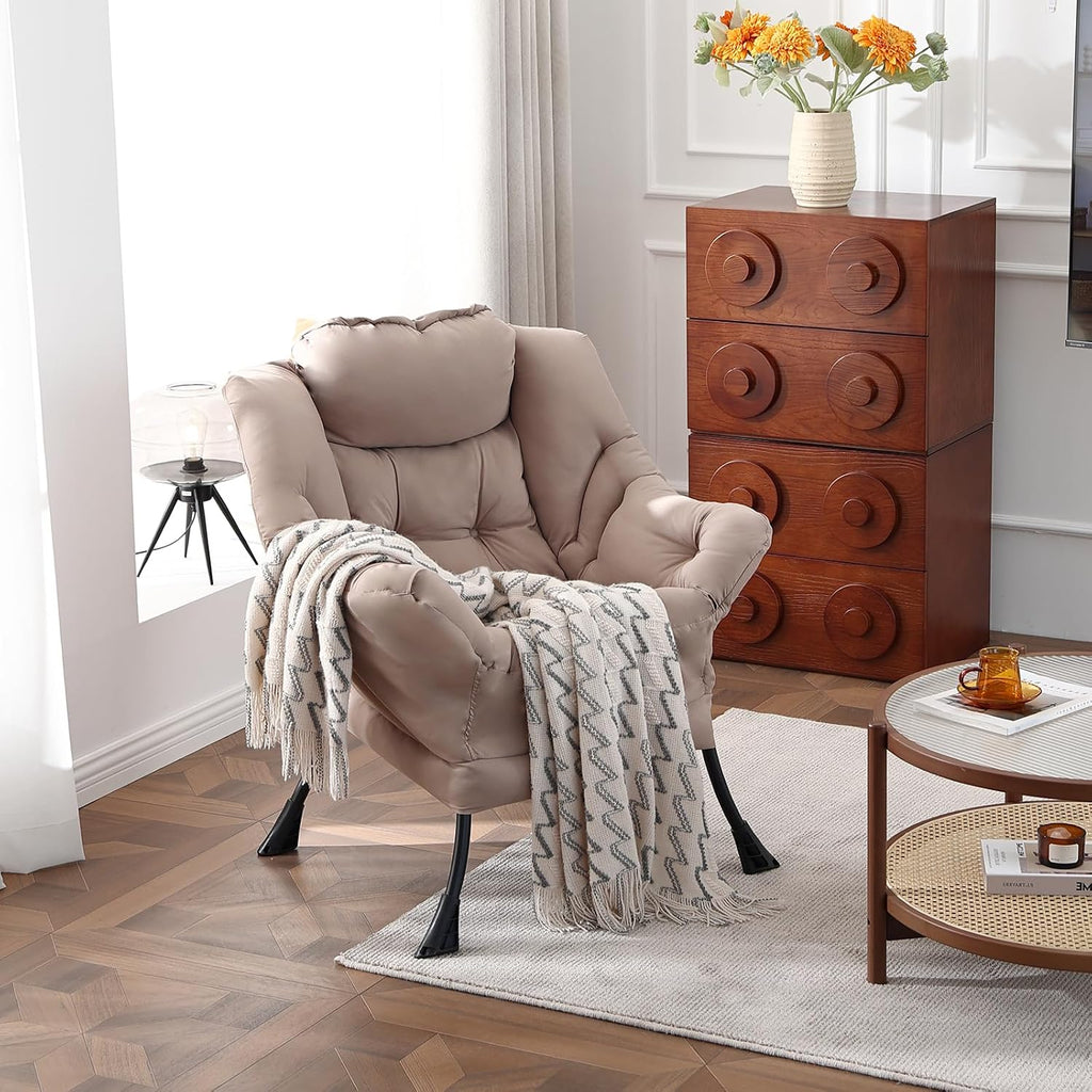 Welnow Khaki Single Lazy Chair for Living Room, Modern Reading Accent Chair with Armrests and a Side Pocket, Leisure Lazy Sofa Chair for Small Space, Bedroom, Dorm