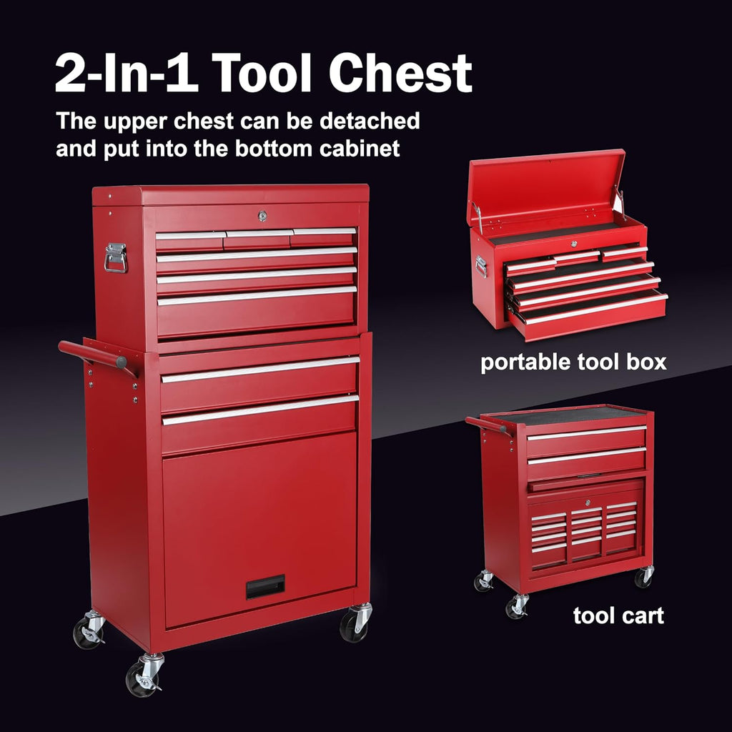 Tool Chest, 8-Drawer Rolling Tool Storage Cabinet with 2 in 1 Detachable Top Tool Box, Liner, Lockable Wheels, Side Hooks,Metal Tool Cart for Garage (8-Drawer Red)