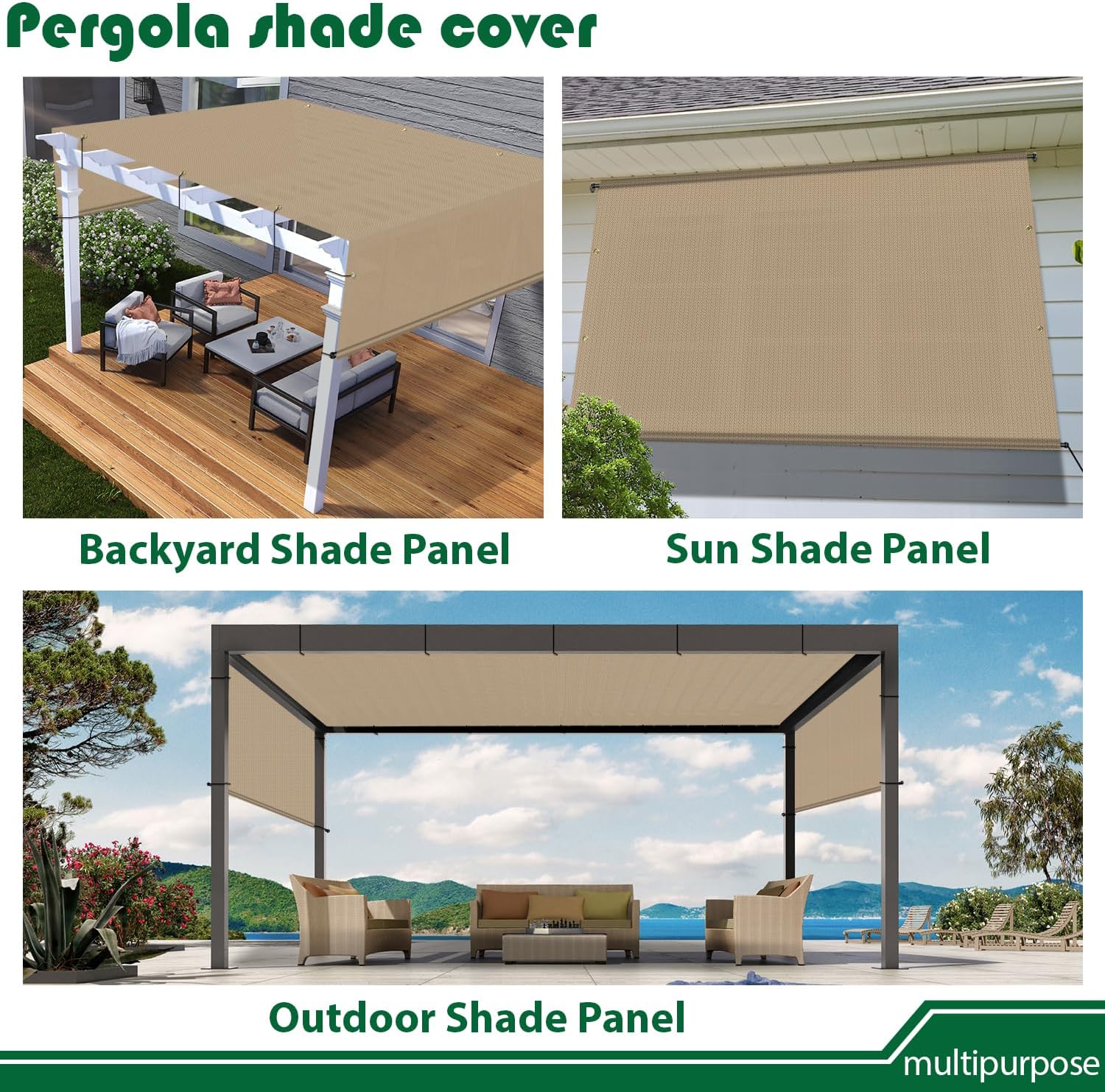 10' x 8' Universal Pergola Shade Cover with Grommets Weighted Rods, Sun Shade Cloth Outdoor Canopy Replacement Cover, Patio Awning for Porch, Backyard, Gazebo, Garden, Sand