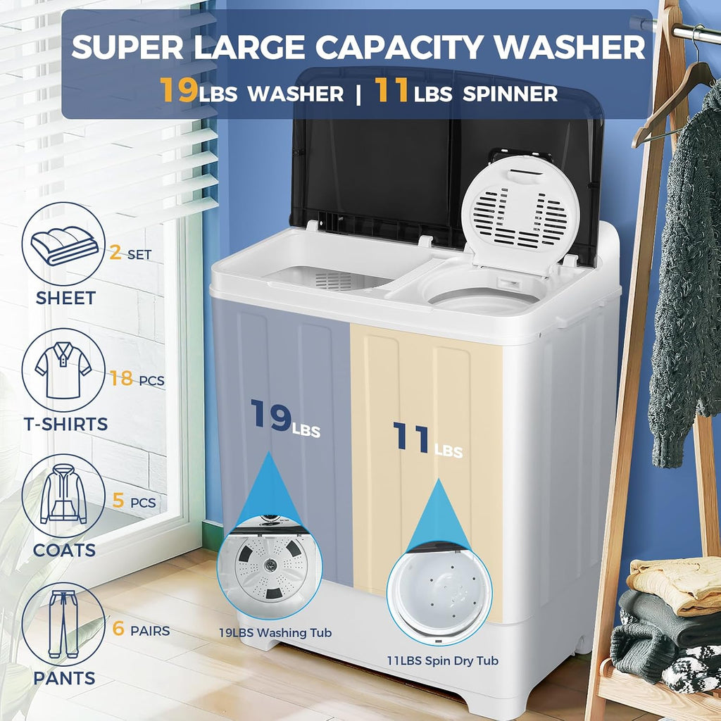 30Lbs Capacity Portable Washing Machine Nictemaw Twin Tub Compact Laundry Machine with Built-in Drain Pump, Washer and Spin Dryer Combo (19Lbs+11Lbs), Mini Washing Machine for Apartments, Dorms, RVs