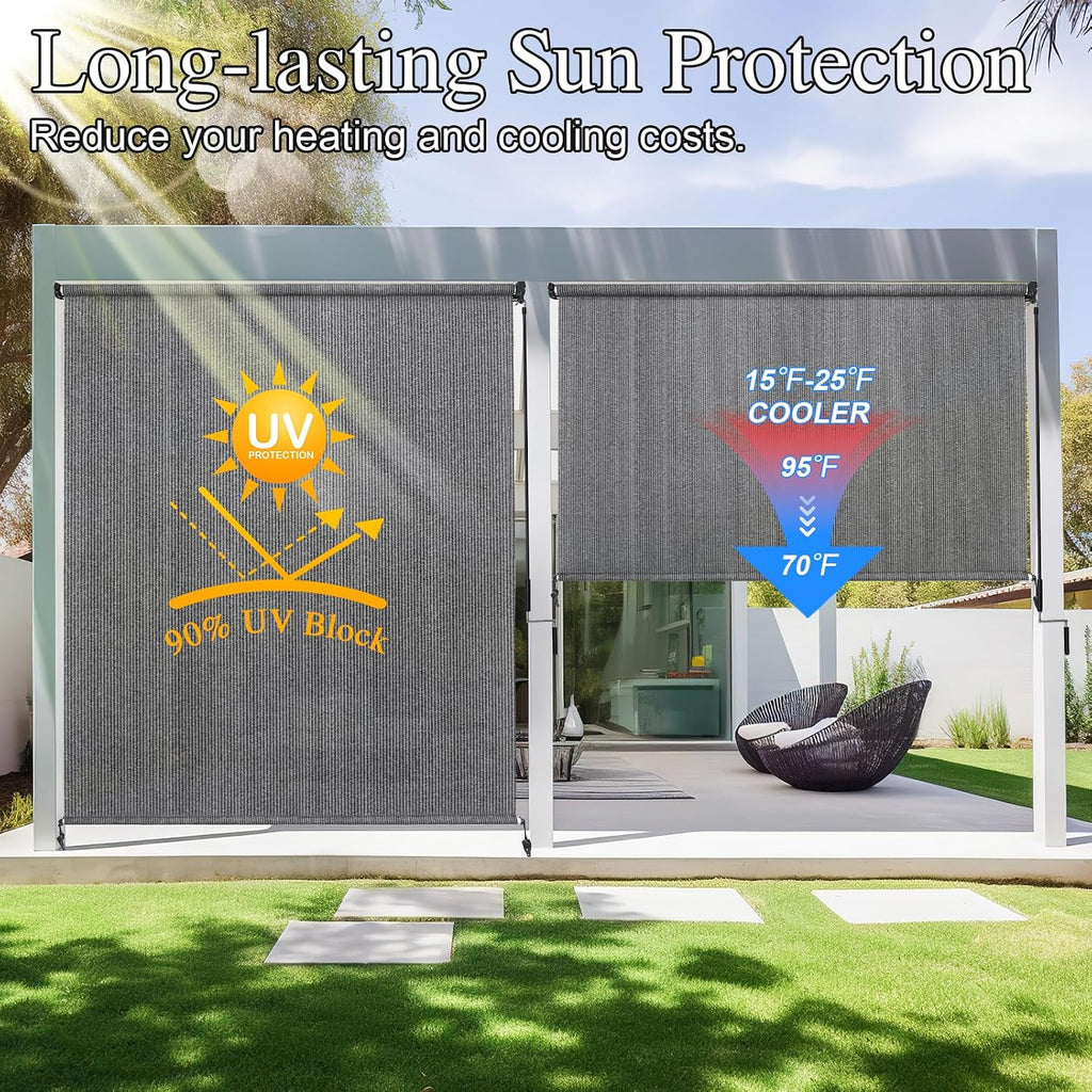 Amagenix Outdoor Roller Shades, 220GSM HDPE Exterior Cordless Patio Shades Roll Up Outdoor Blinds for Porch Gazebo 10'(W) x 8'(H), Spliced Poles Design, Grey