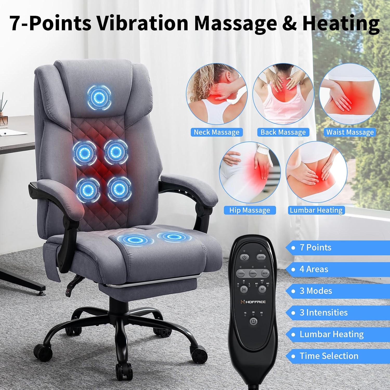 HOFFREE Massage Office Chair with Heat 7 Points Vibration Ergonomic Executive Office Chair with Footrest Reclining High Back Home Office Desk Chairs Grey
