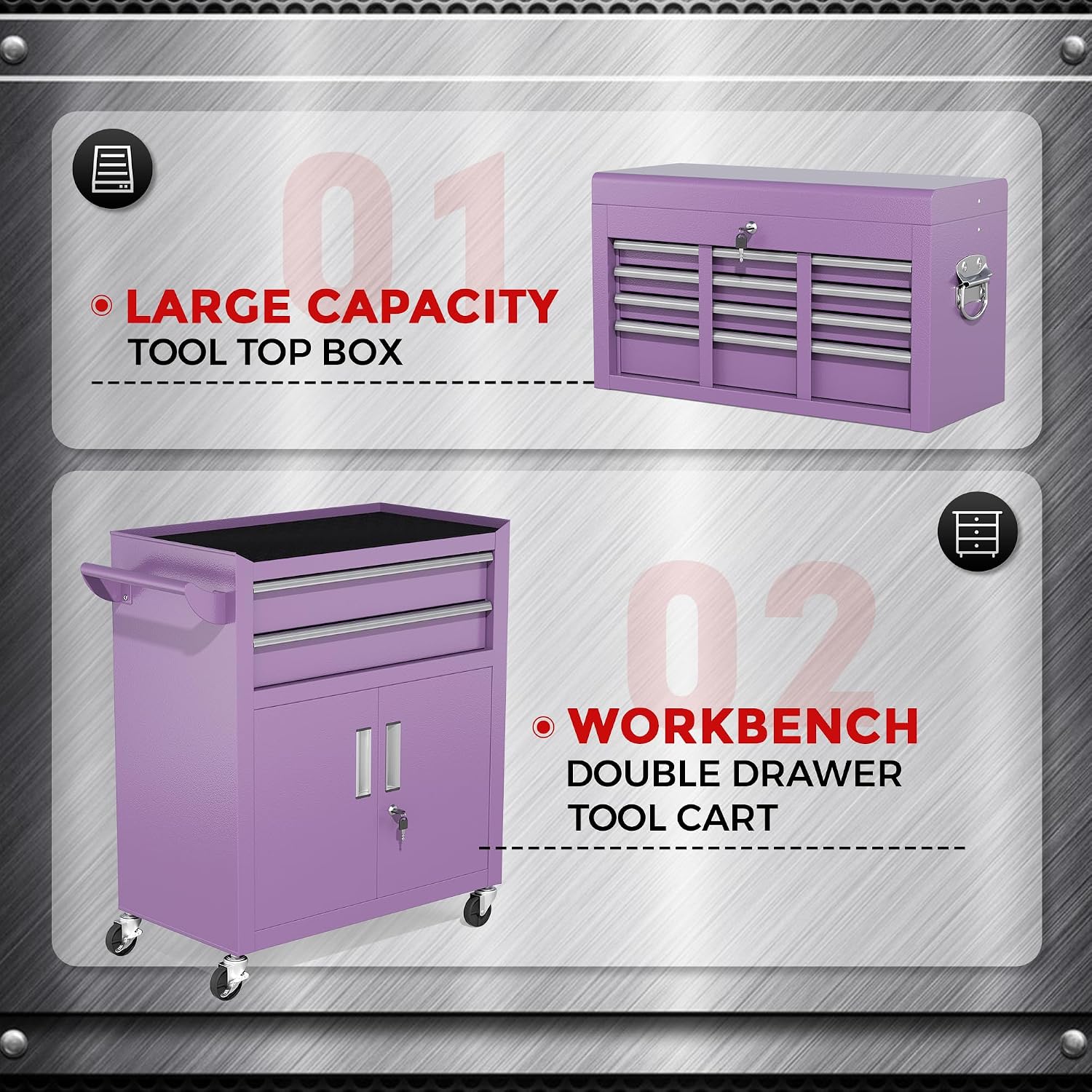 INTERGREAT 8 Drawers Tool Chest, 42'' Large Rolling Tool Chest with Drawers, Detachable Top Tool Box, Tool Cabinet for Repair Room,Warehouse, Rolling Tool Box with Hooks,Tray Divider,Liners(Purple)