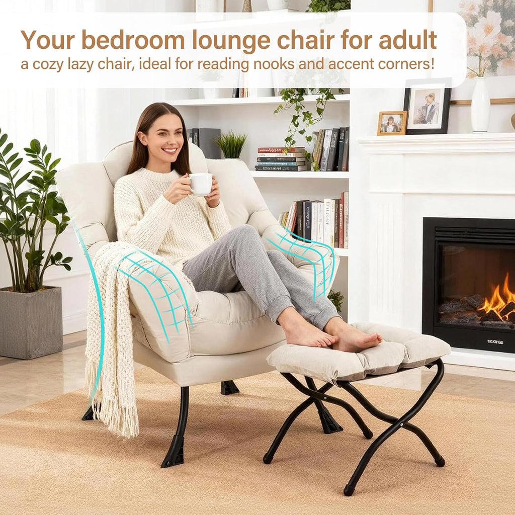 Lazy Chair with Ottoman, Modern Accent Chair with Lumbar Pillow, Beige Sofa, Armchairs with Folding Footrest, Oversized Supportive Chairs for Bedroom, Reading