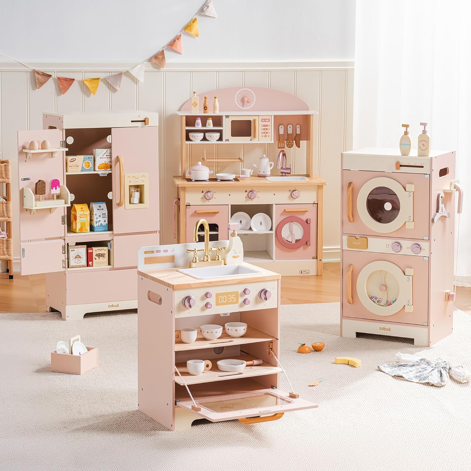 ROBUD Wooden Play Kitchen, Kids Kitchen Playset, Toy Kitchen Set with Fridge, Washing Machine, Dishwasher Toddlers Kitchen Playset Gift for Boys & Girls, Age 3+ (Pink)