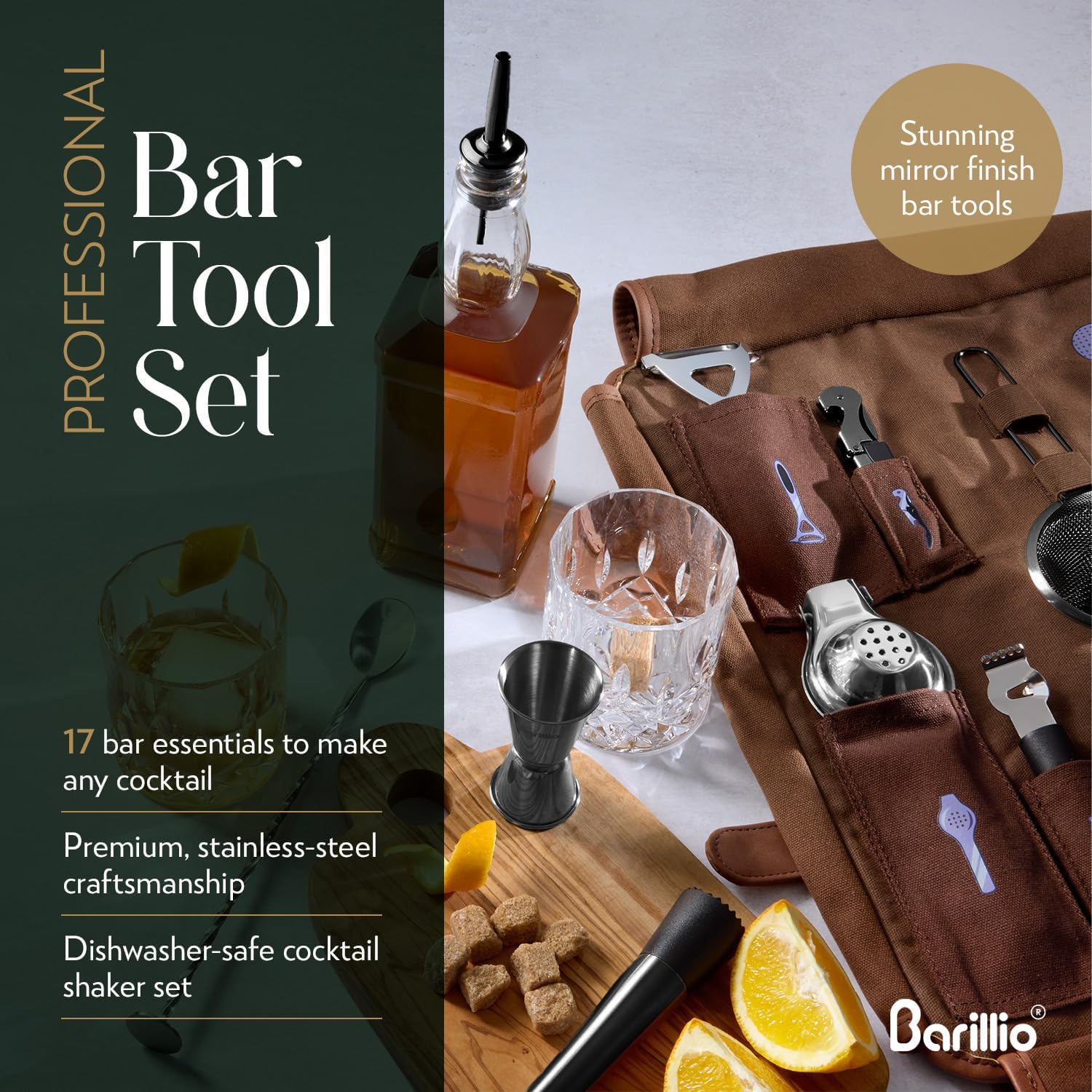 Barillio Bartender Kit Bag with Black Cocktail Shaker Set - Waxed Canvas, Traveling Bar Tools Bag with 17-Pc Cocktail Kit - Travel Mixology Bartending Kits - Mobile Bar Roll with Strap & Accessories