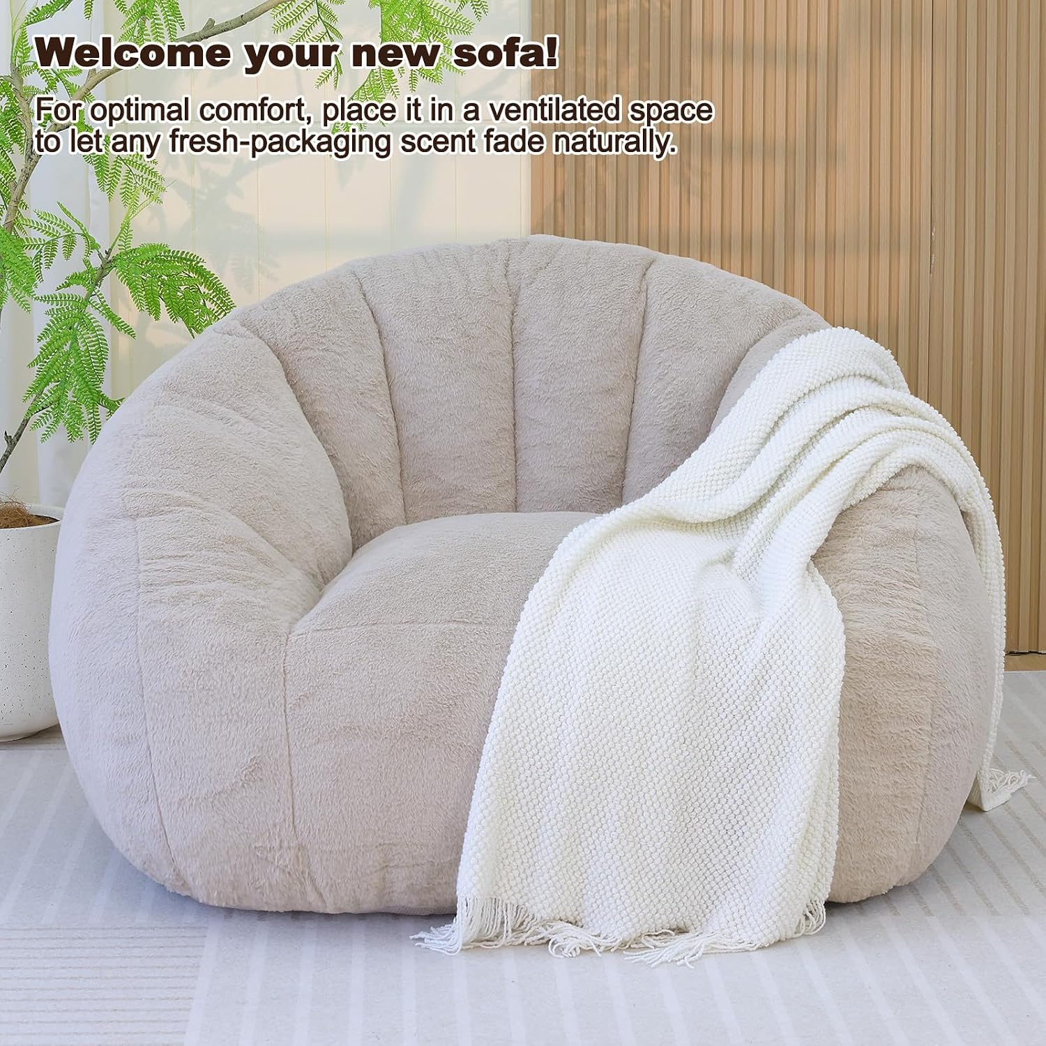 Giant Bean Bag Chair for Adults, Teens and Kids, Cozy Fluffy Corduroy Beanbag Chair with Filler, Large Floor Lounge Sofa for Living Room, Bedroom, Dorm, Gaming and Reading(L-Champagne)