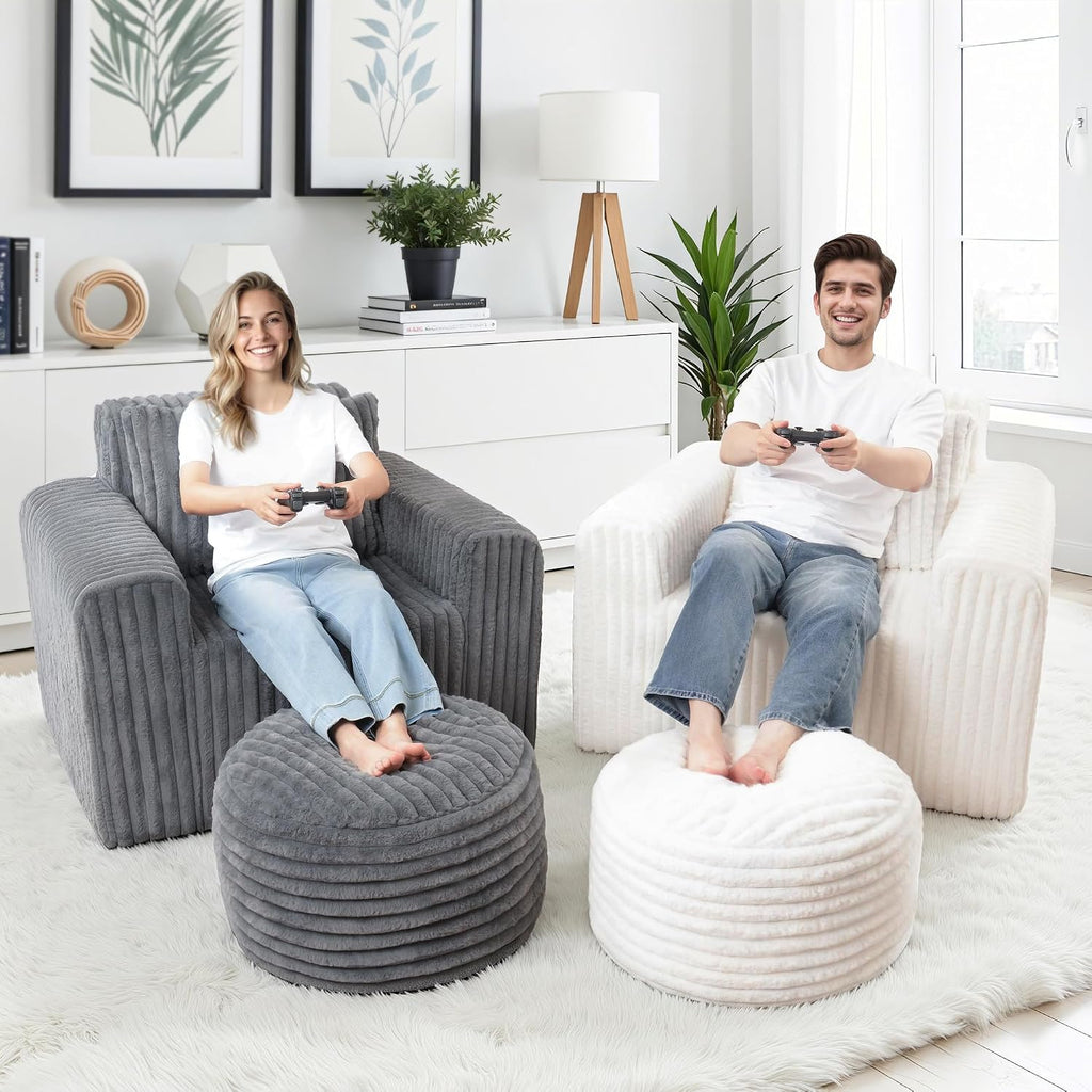 HABUTWAY Bean Bag Chair for Adults with Pillow, Giant Bean Bag Chairs with Ottoman, Comfy Dorm Chair with High Backrest & Wider Armrest, Lounger Chair Indoor for Bedroom Living Room(Grey)