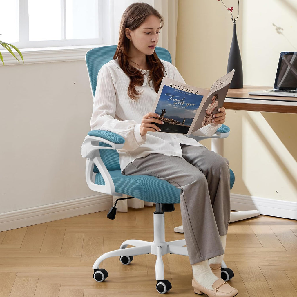 Ergonomic Office Chair, Desk Chair with Adjustable Lumbar Support, Breathable Mesh Comfy Computer Chairs with Flip-up Armrests Executive Task Chair for Adults Home Office (Lake Blue)