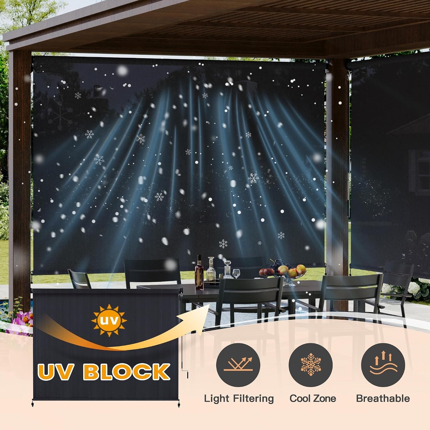 VICLLAX Outdoor Roller Shade (10' W×8' L), Patio Cordless Roller Blinds, Exterior Roll Up Shade with Spliced Design for Patio Porch Gazebo, Graphite