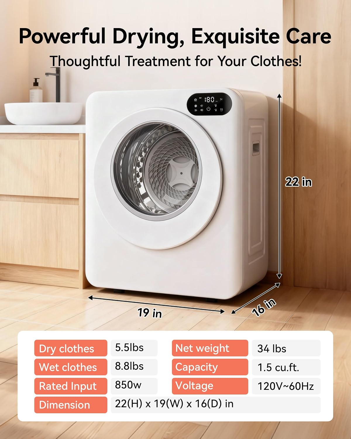 Euhomy 1.5 Cu.Ft Portable Dryer, 850W Clothes Dryer with Stainless Steel Drum, 4 Functions, LED Control Panel, 120V Portable Dryers for Laundry, Suitable for Apartments, Dorm, RVs, White