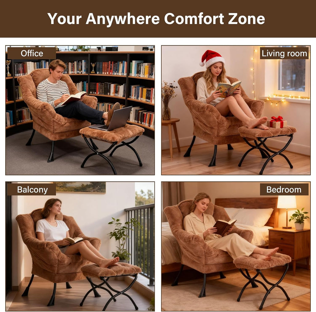 Welnow Lazy Chair with Ottoman, Modern Accent Chair with Armrests and a Side Pocket, Leisure Sofa Armchair, Reading Armchair with Footrest for Small Space, Plush Brown