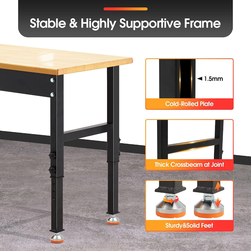 48 * 20' Adjustable Workbench, 2000 LBS Load Capacity Heavy Duty Workstation Without Power Outlets, Rubber Wood Top Worktable for Garage, Office,Workshop, Commercial