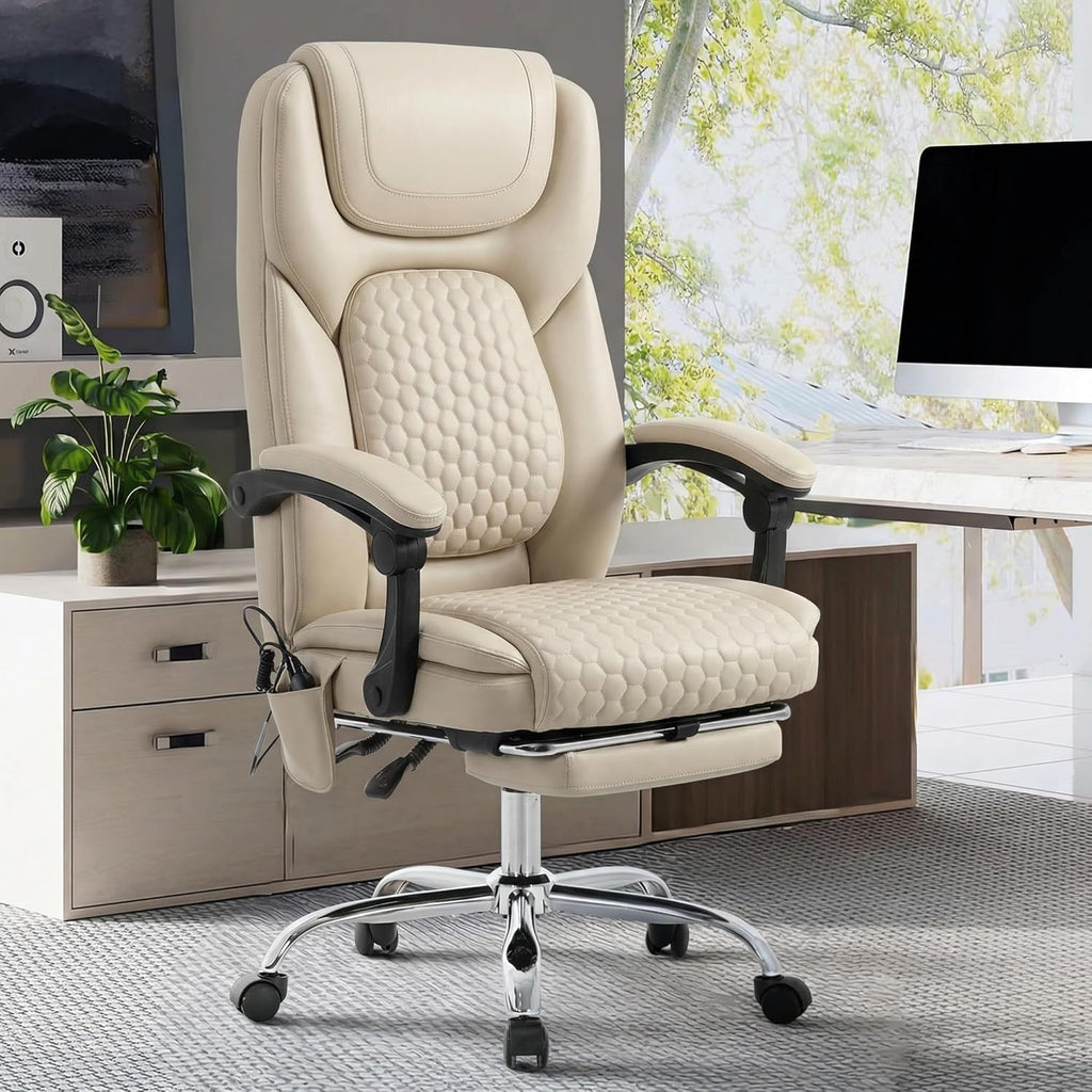 MALOL Massage Office Chair with Heat and Footrest - 3-Level 65°C Targeted Heating, 20-Min Easy Assembly Leather Desk Chair, Big and Tall Executive Computer Chair with Side Pocket, 300 lbs, Beige